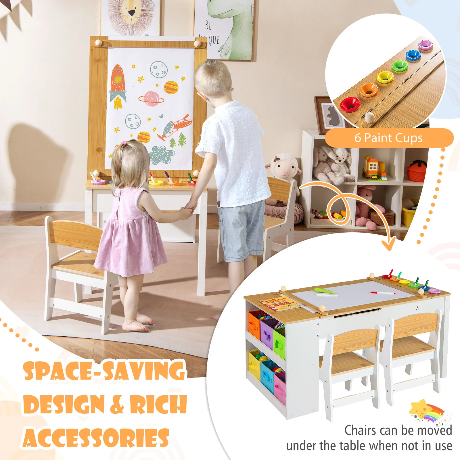 HONEY JOY Kids Table and Chairs Set, 2 in 1 Wooden Art Table & Easel Set for Children with 2 Chairs, 6 Storage Bins - Image 7