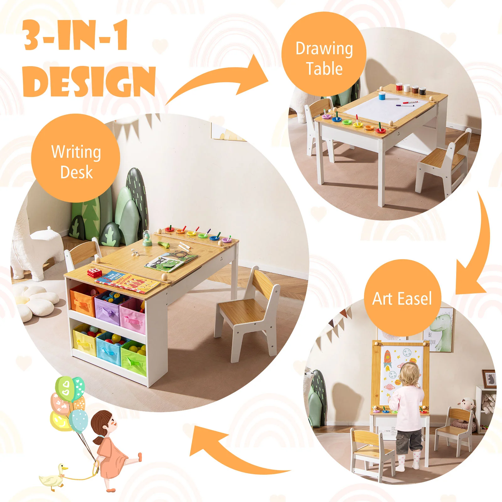 HONEY JOY Kids Table and Chairs Set, 2 in 1 Wooden Art Table & Easel Set for Children with 2 Chairs, 6 Storage Bins - Image 8