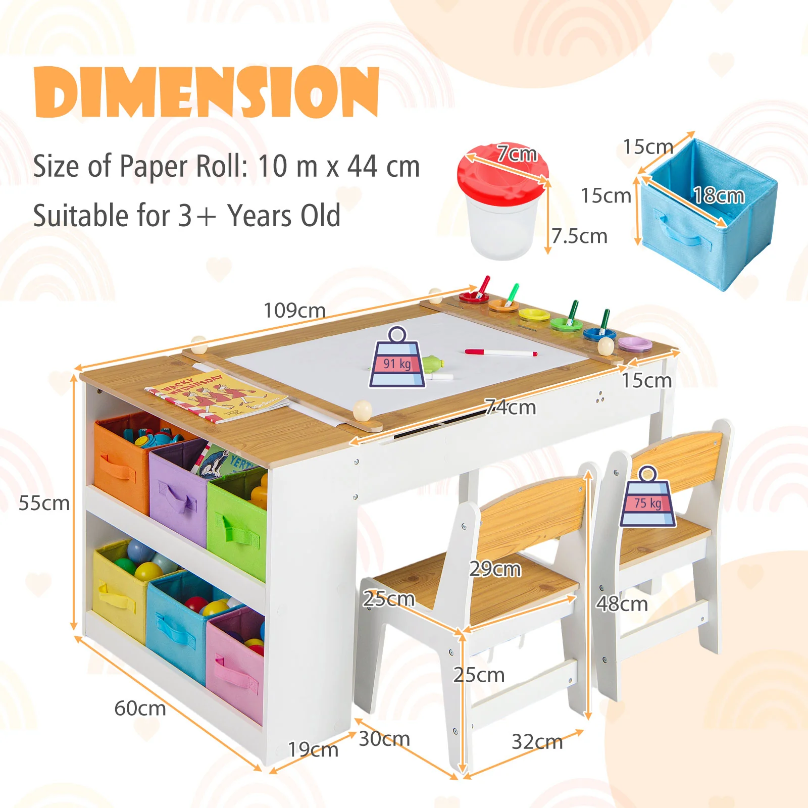 HONEY JOY Kids Table and Chairs Set, 2 in 1 Wooden Art Table & Easel Set for Children with 2 Chairs, 6 Storage Bins - Image 9