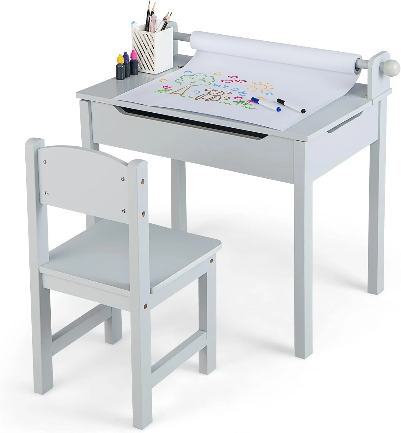 HONEY JOY Kids Table and Chairs Set, Activity Desk and Chair for Children w/Paper Roll Holder & 2 Markers - Image 10