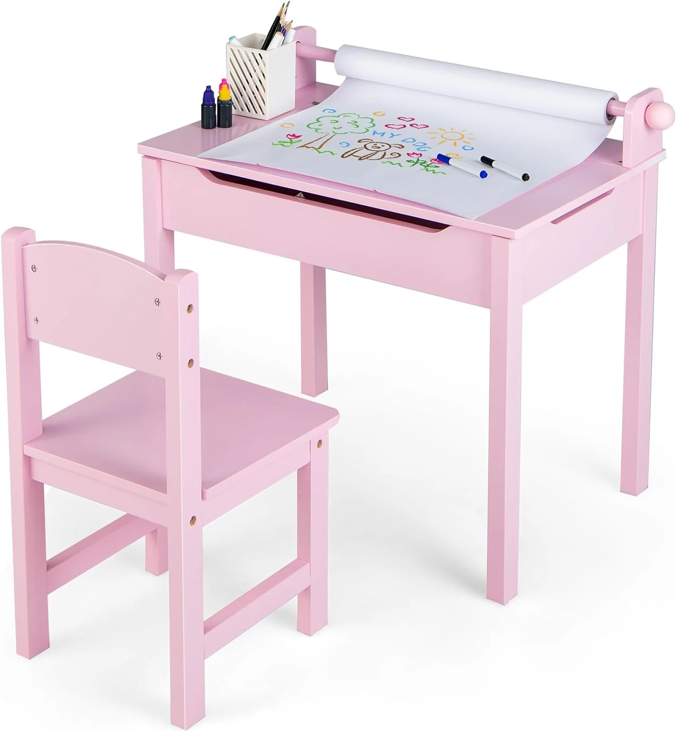 HONEY JOY Kids Table and Chairs Set, Activity Desk and Chair for Children w/Paper Roll Holder & 2 Markers - Image 11