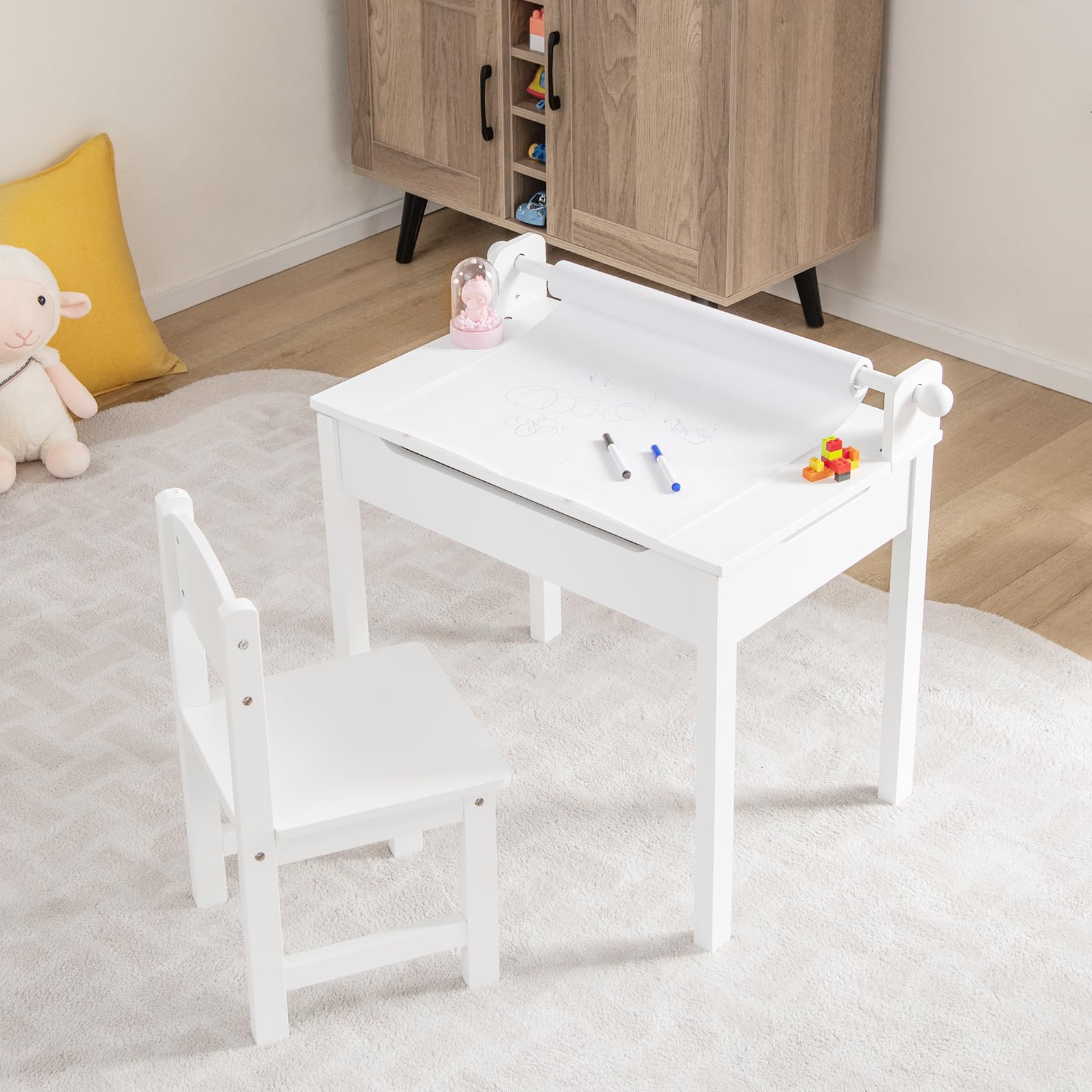 HONEY JOY Kids Table and Chairs Set, Activity Desk and Chair for Children w/Paper Roll Holder & 2 Markers - Image 3