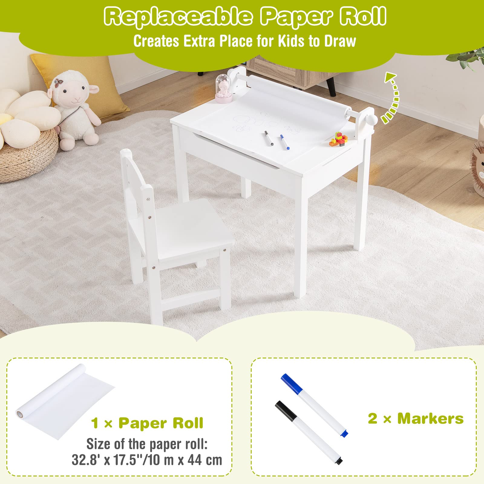 HONEY JOY Kids Table and Chairs Set, Activity Desk and Chair for Children w/Paper Roll Holder & 2 Markers - Image 7