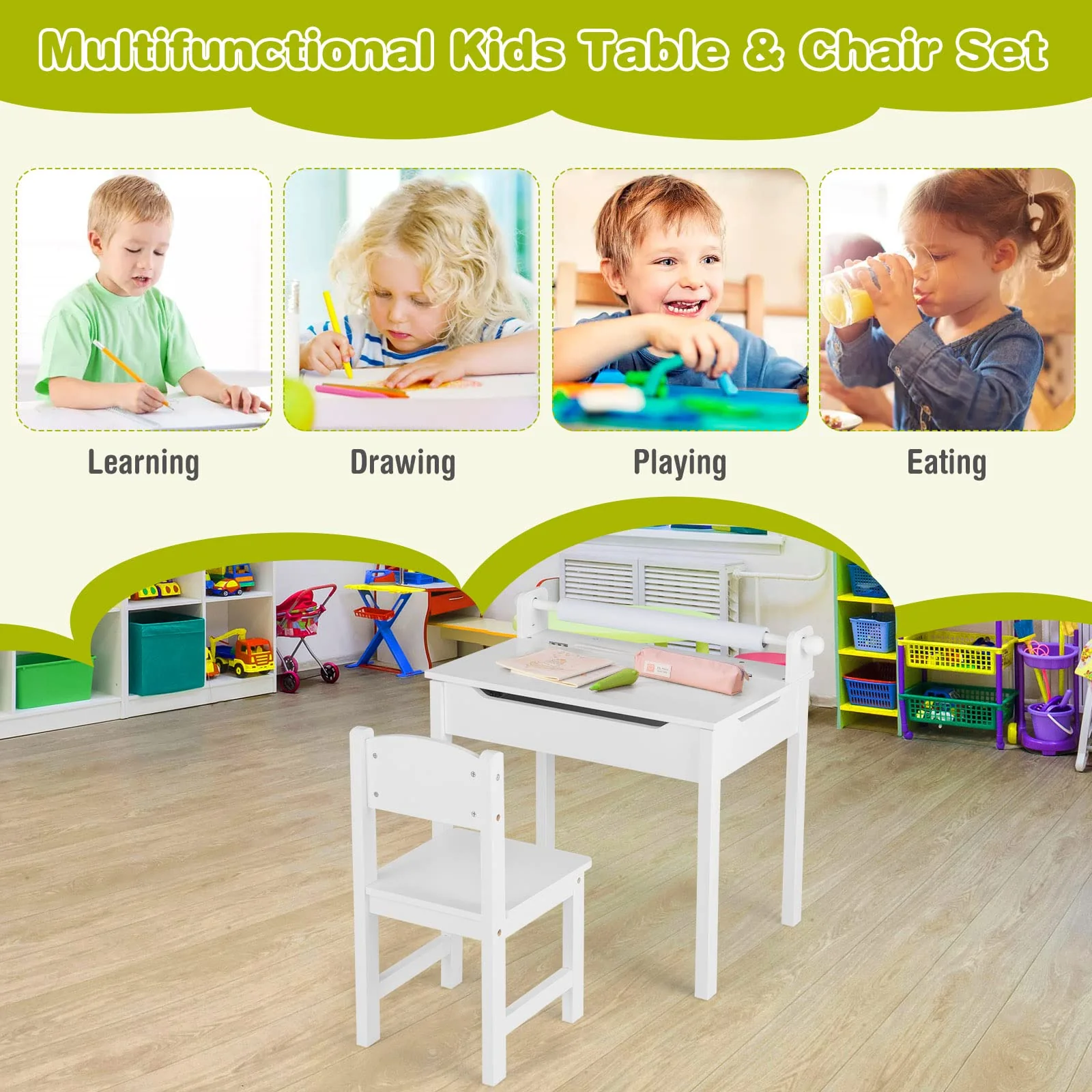 HONEY JOY Kids Table and Chairs Set, Activity Desk and Chair for Children w/Paper Roll Holder & 2 Markers - Image 8