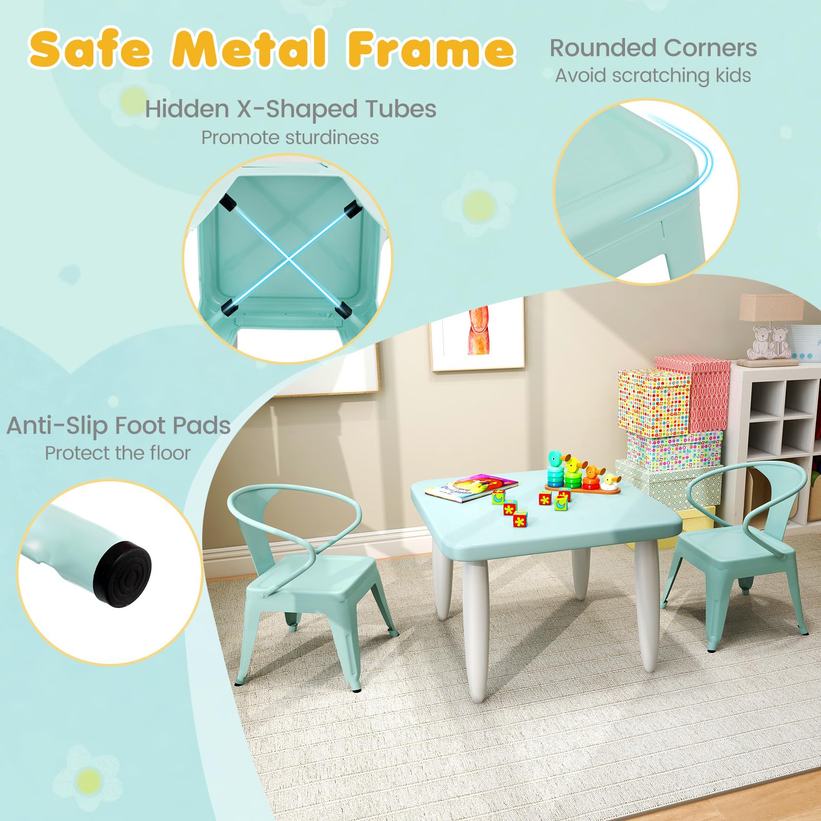 HONEY JOY Kids Table and Chairs Set, Table and 2 Chairs for Children w/Adjustable Non-slip Foot Pads - Image 3