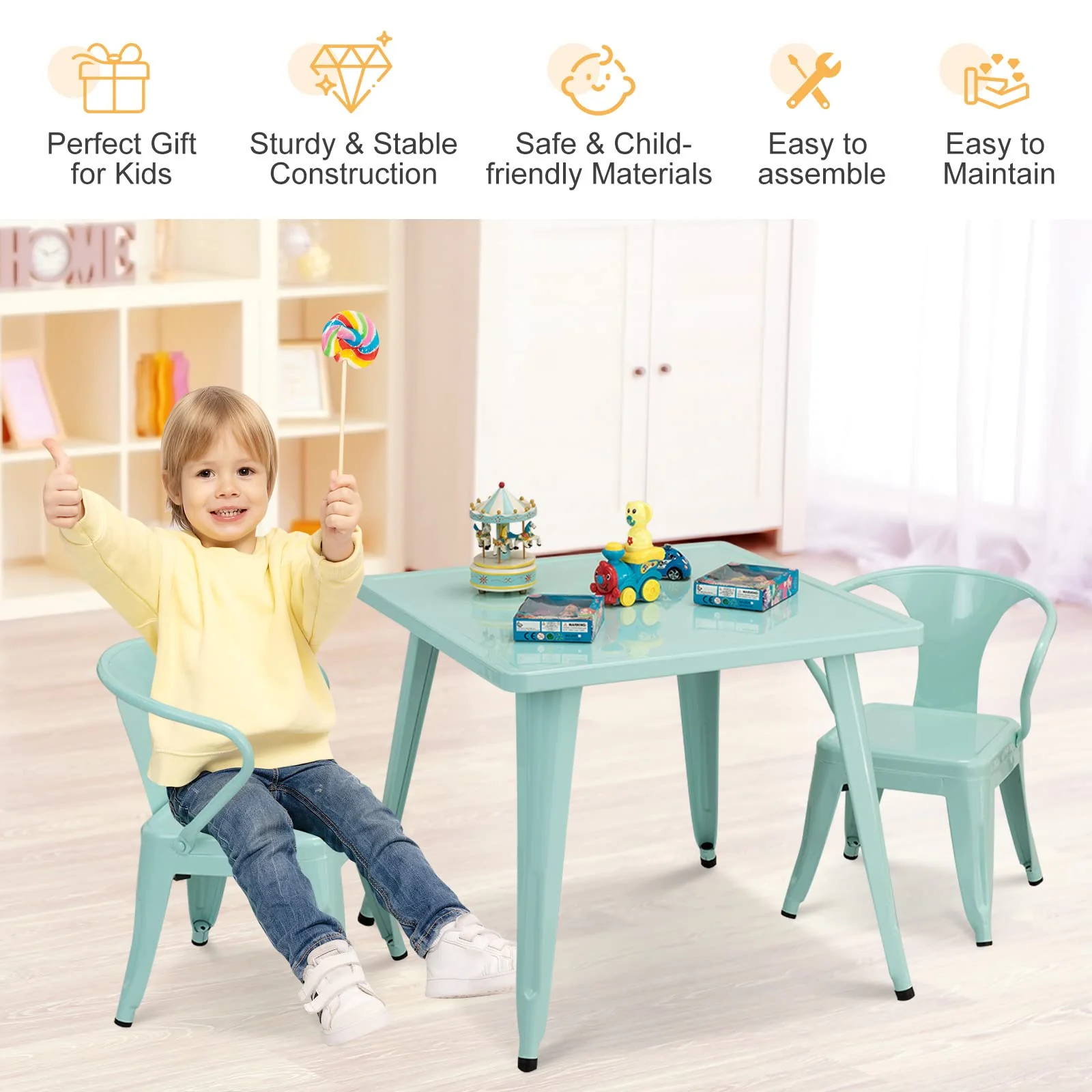 HONEY JOY Kids Table and Chairs Set, Table and 2 Chairs for Children w/Adjustable Non-slip Foot Pads - Image 7