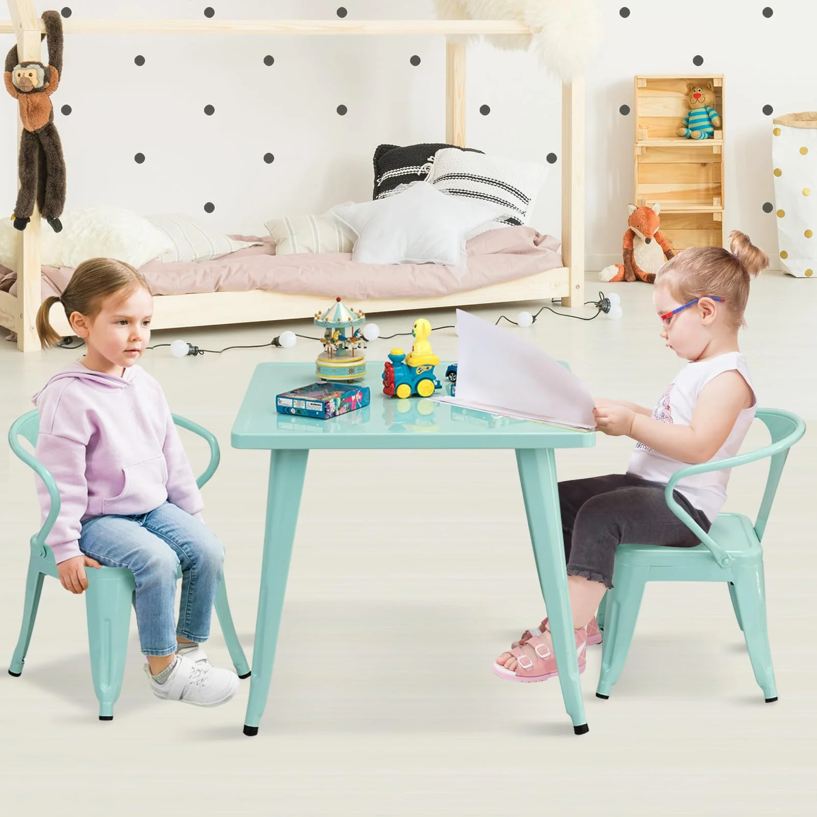 HONEY JOY Kids Table and Chairs Set, Table and 2 Chairs for Children w/Adjustable Non-slip Foot Pads - Image 8