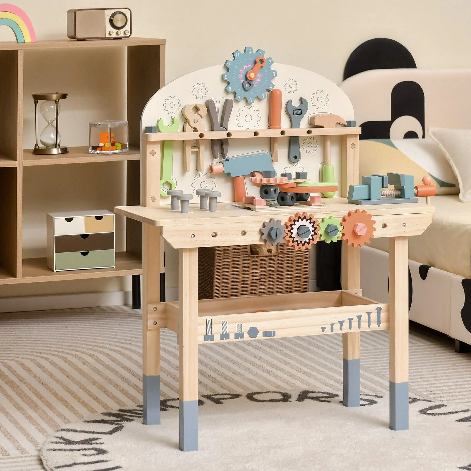 HONEY JOY Kids Tool Bench, Wooden Pretend Workbench w/63 Toy Tools and Accessories - Image 5