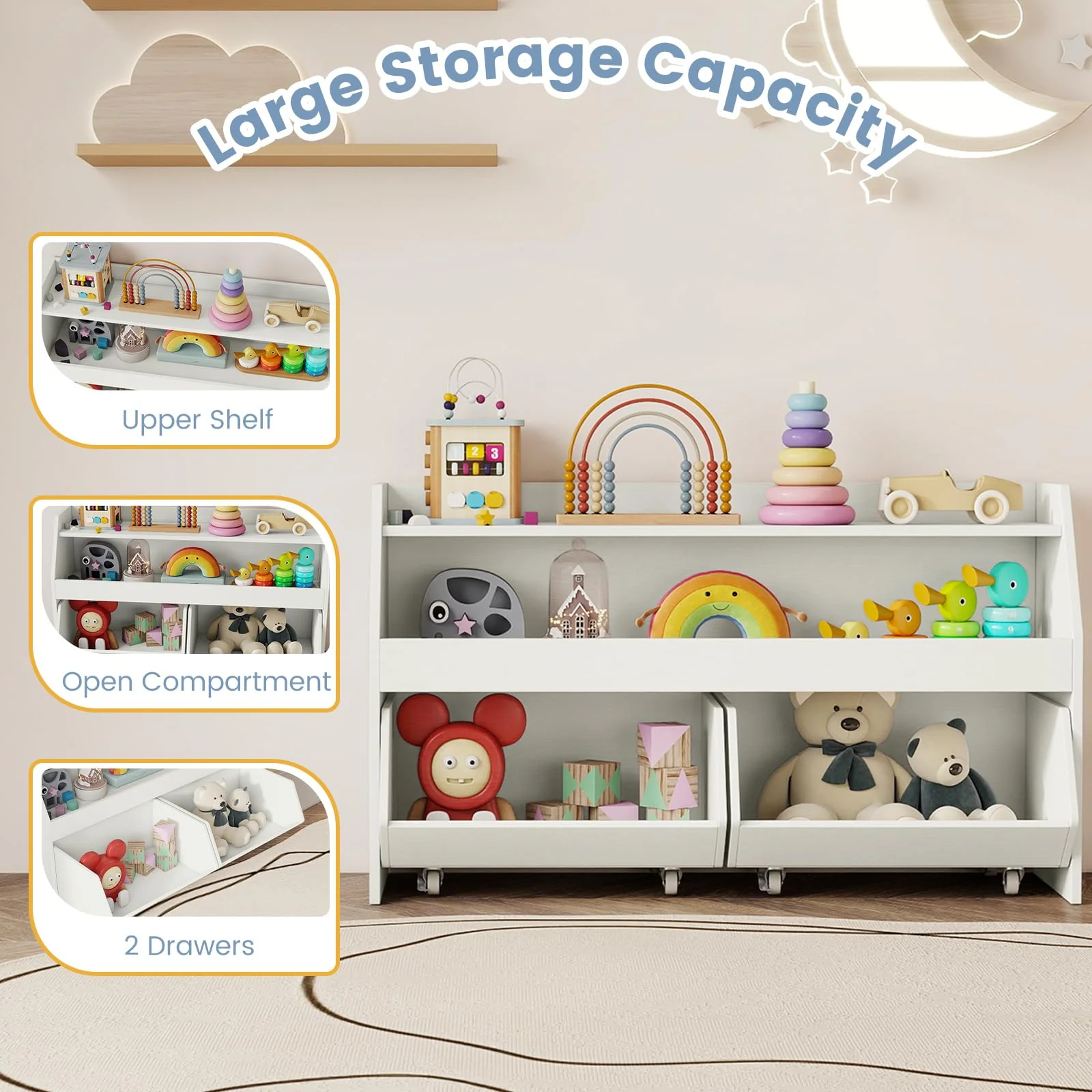 HONEY JOY Kids Toy Storage Box, Children Wooden Bookcase with 2 Movable Drawers - Image 5