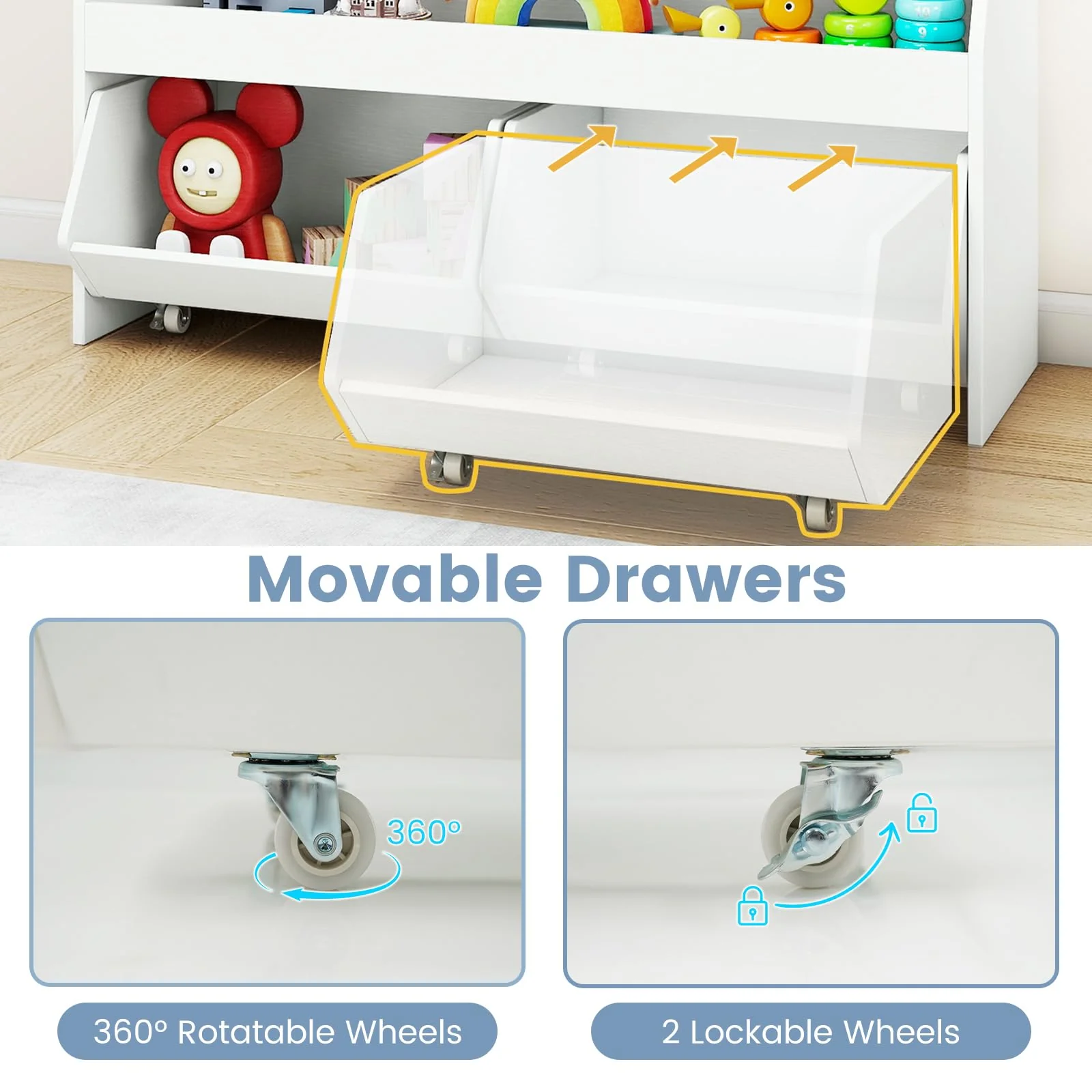HONEY JOY Kids Toy Storage Box, Children Wooden Bookcase with 2 Movable Drawers - Image 6