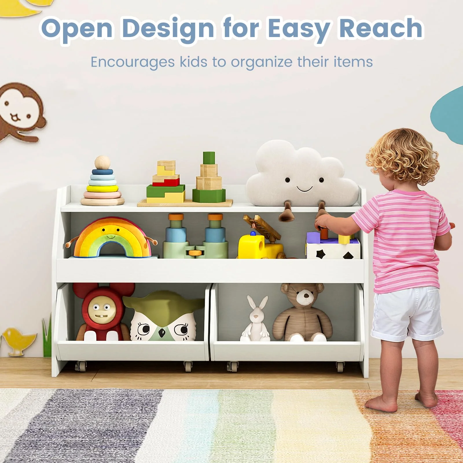 HONEY JOY Kids Toy Storage Box, Children Wooden Bookcase with 2 Movable Drawers - Image 7