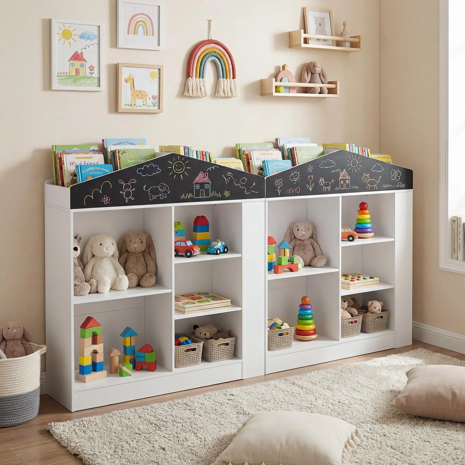 HONEY JOY Kids Toy Storage Box, House Shaped Toy Organiser Cabinet, w/Compartments & Chalkboard - Image 3