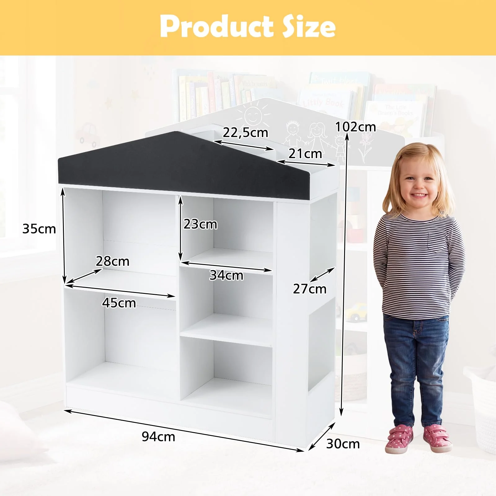 HONEY JOY Kids Toy Storage Box, House Shaped Toy Organiser Cabinet, w/Compartments & Chalkboard - Image 4