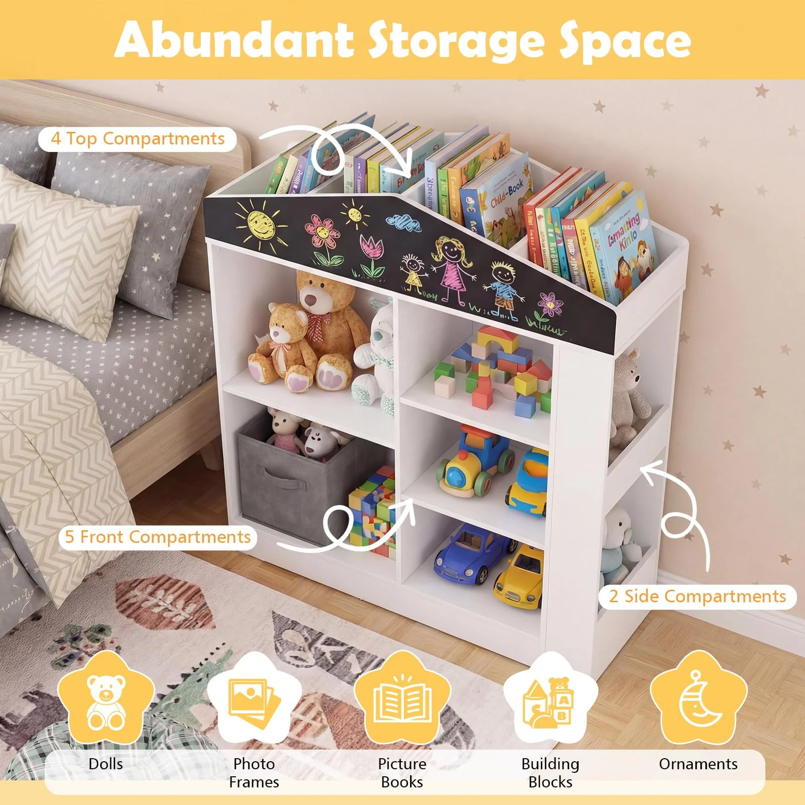 HONEY JOY Kids Toy Storage Box, House Shaped Toy Organiser Cabinet, w/Compartments & Chalkboard - Image 5
