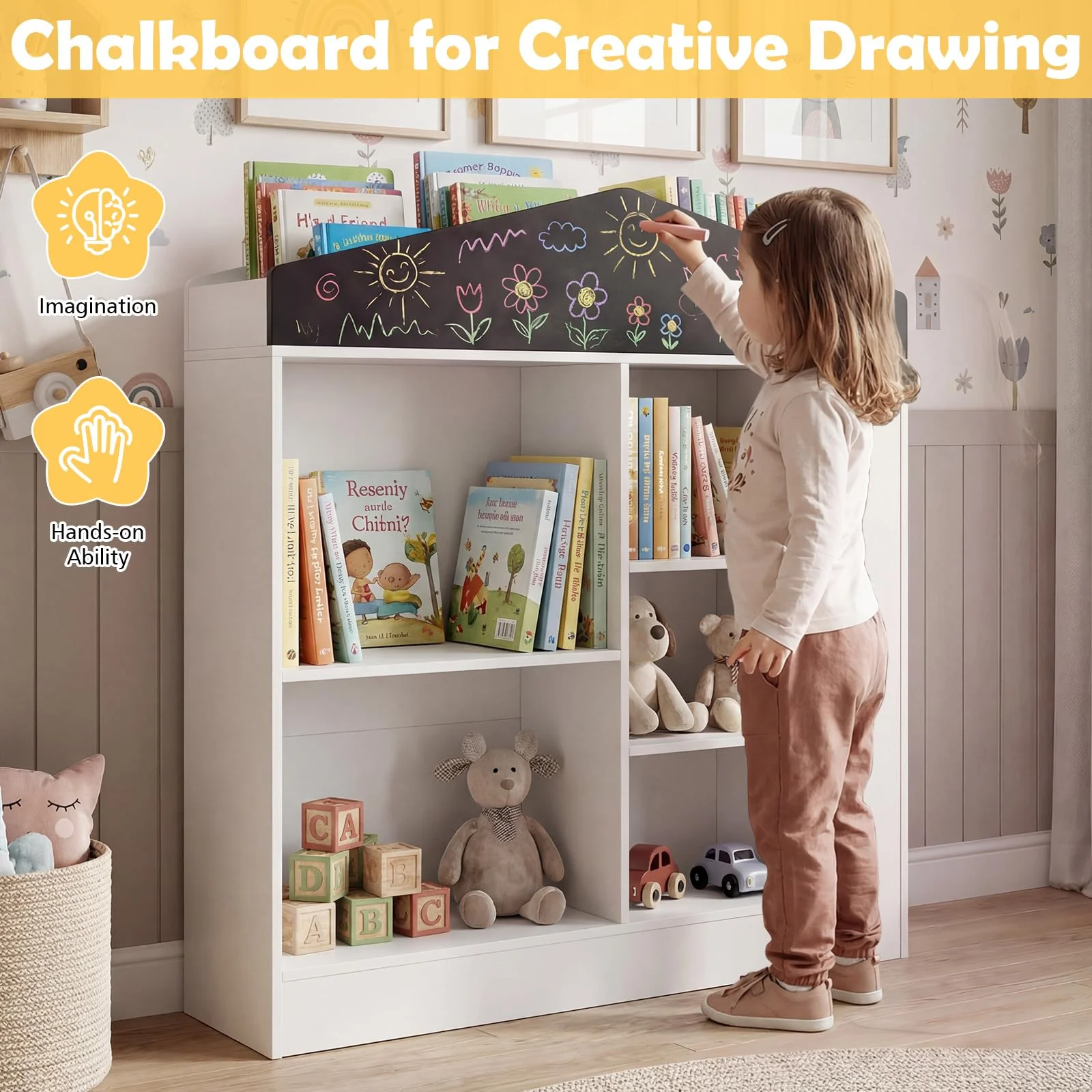 HONEY JOY Kids Toy Storage Box, House Shaped Toy Organiser Cabinet, w/Compartments & Chalkboard - Image 6