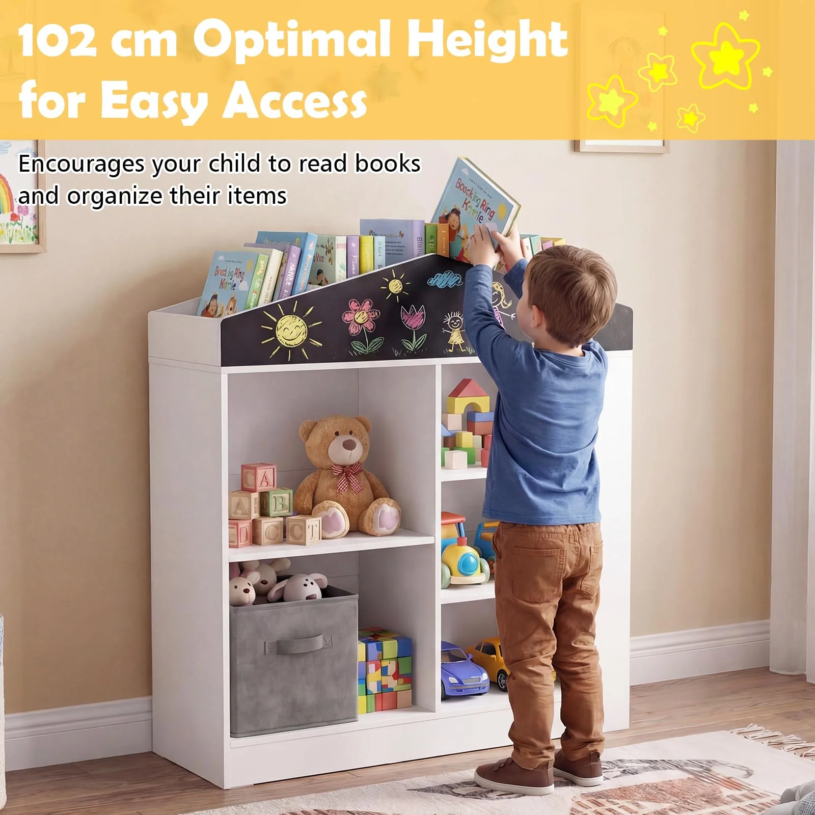 HONEY JOY Kids Toy Storage Box, House Shaped Toy Organiser Cabinet, w/Compartments & Chalkboard - Image 7