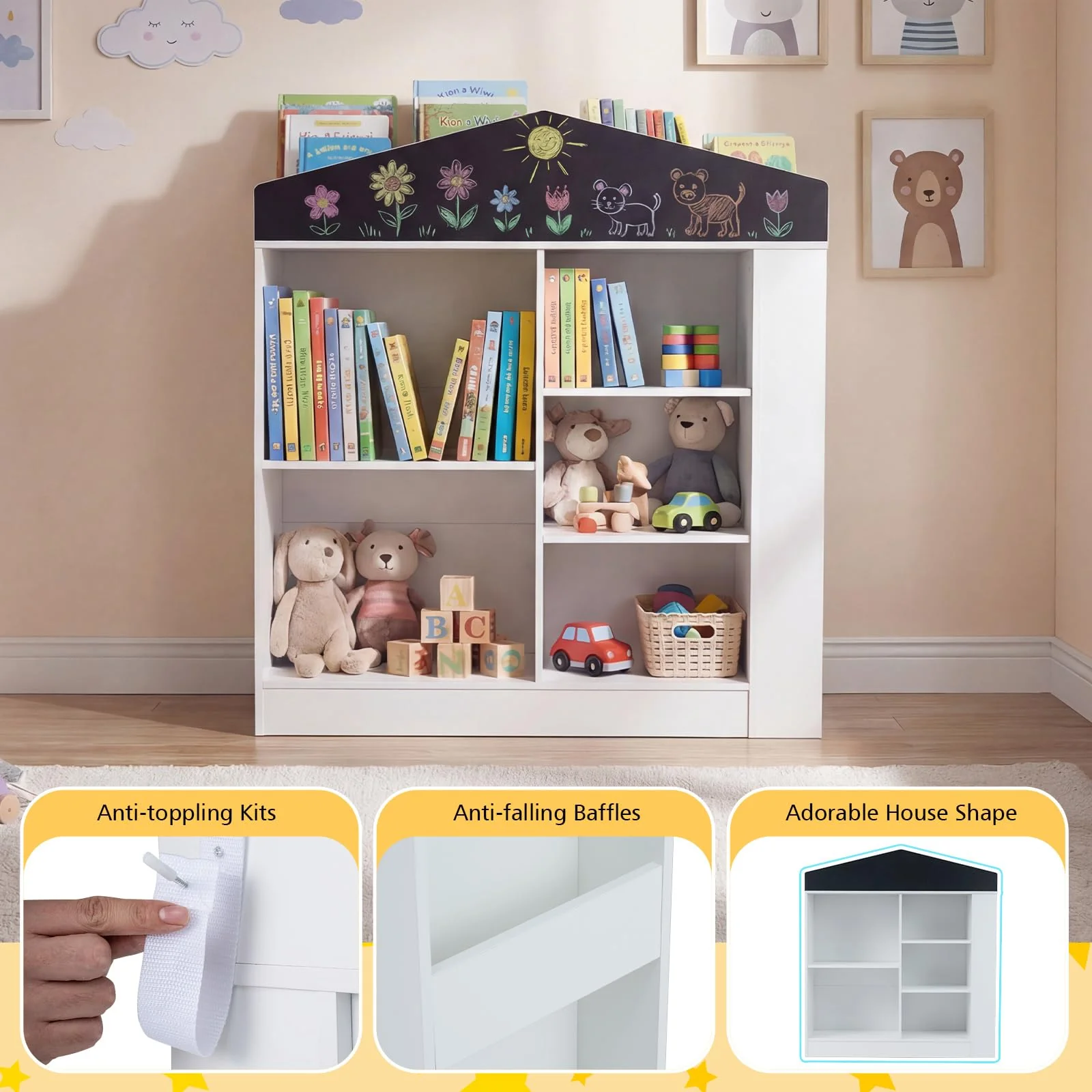 HONEY JOY Kids Toy Storage Box, House Shaped Toy Organiser Cabinet, w/Compartments & Chalkboard - Image 8