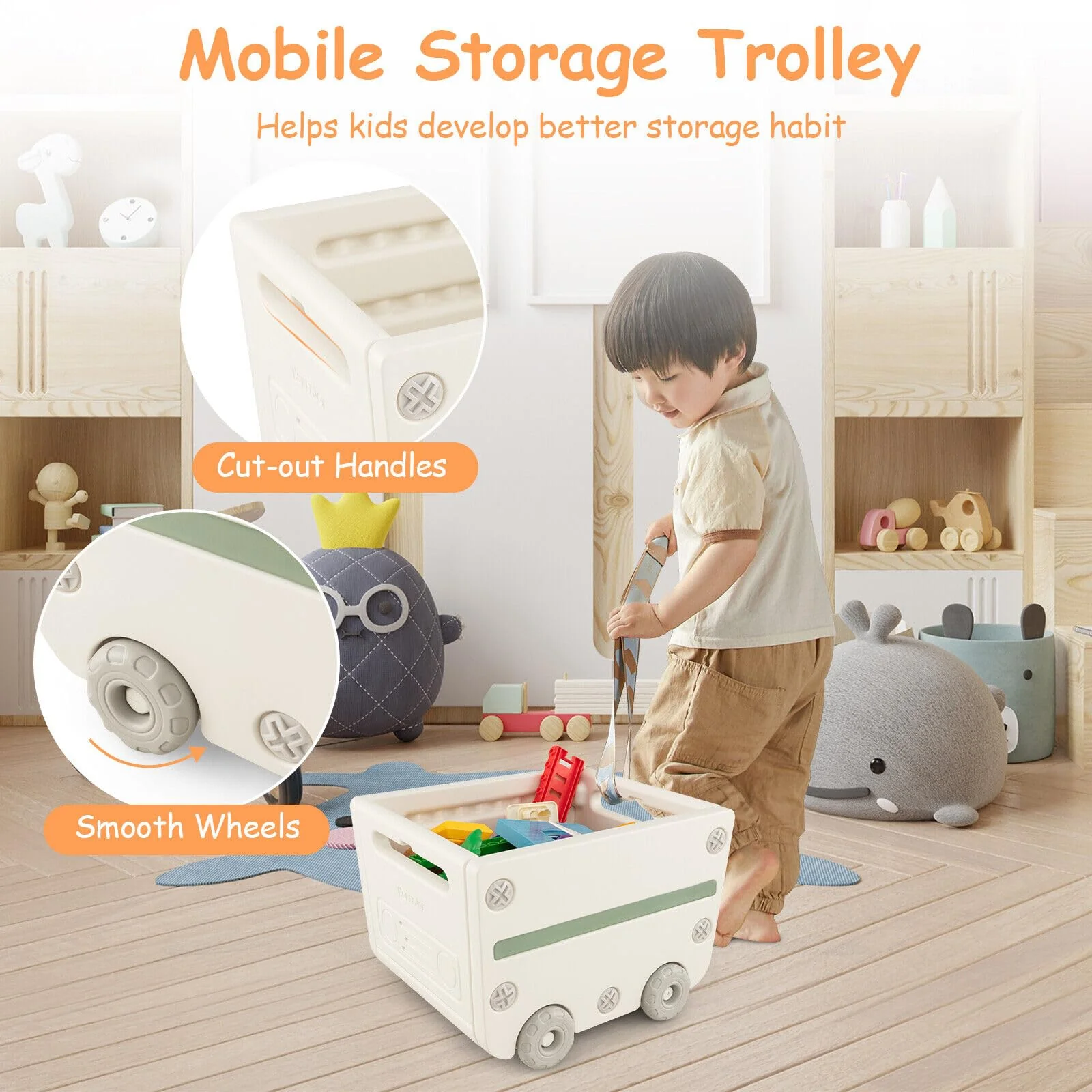 HONEY JOY Kids Toy Storage Organiser, Toy Chest and Bookshelf w/Mobile Trolley, Enclosed Cabinets & Storage Bins - Image 5