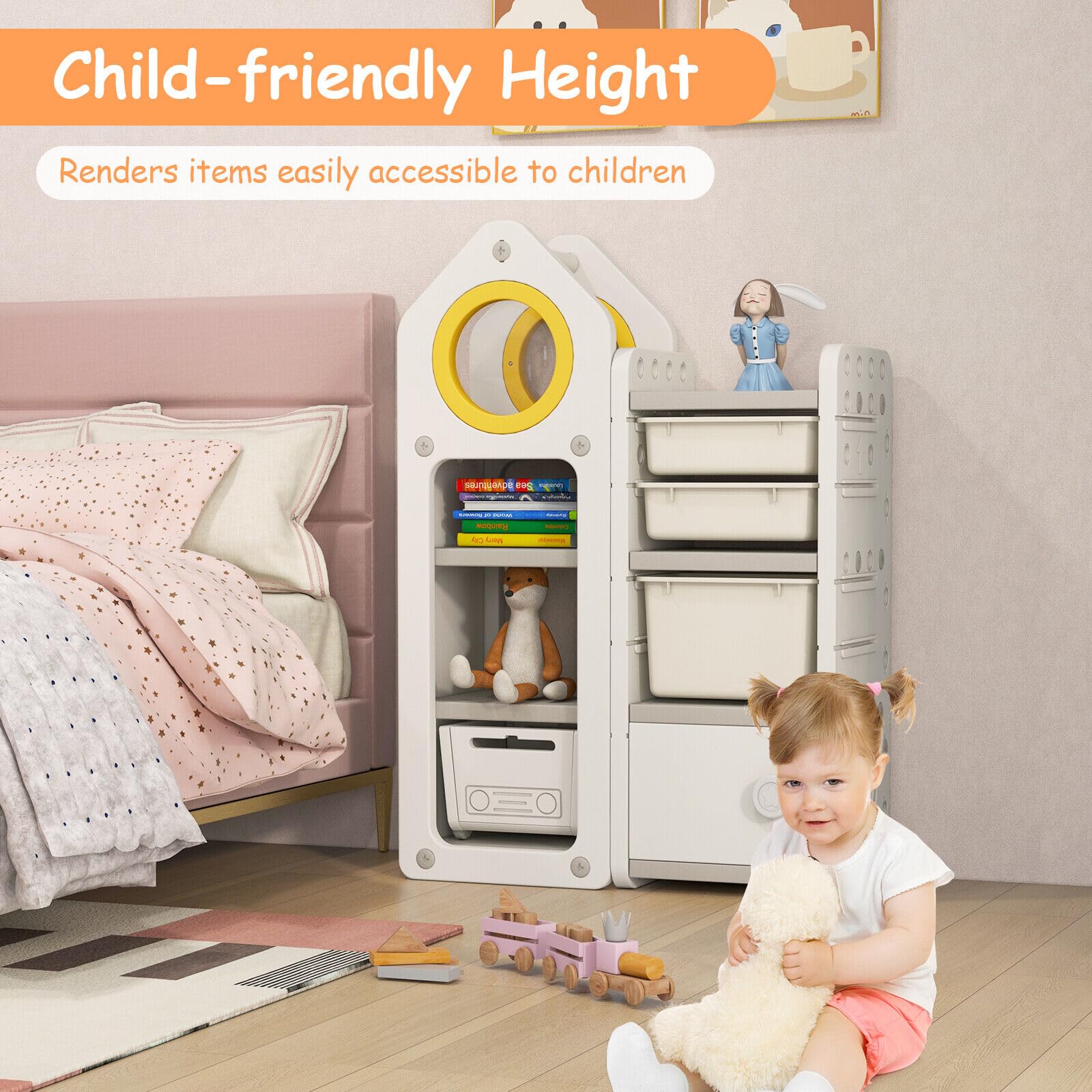 HONEY JOY Kids Toy Storage Organiser, Toy Chest and Bookshelf w/Mobile Trolley, Enclosed Cabinets & Storage Bins - Image 6