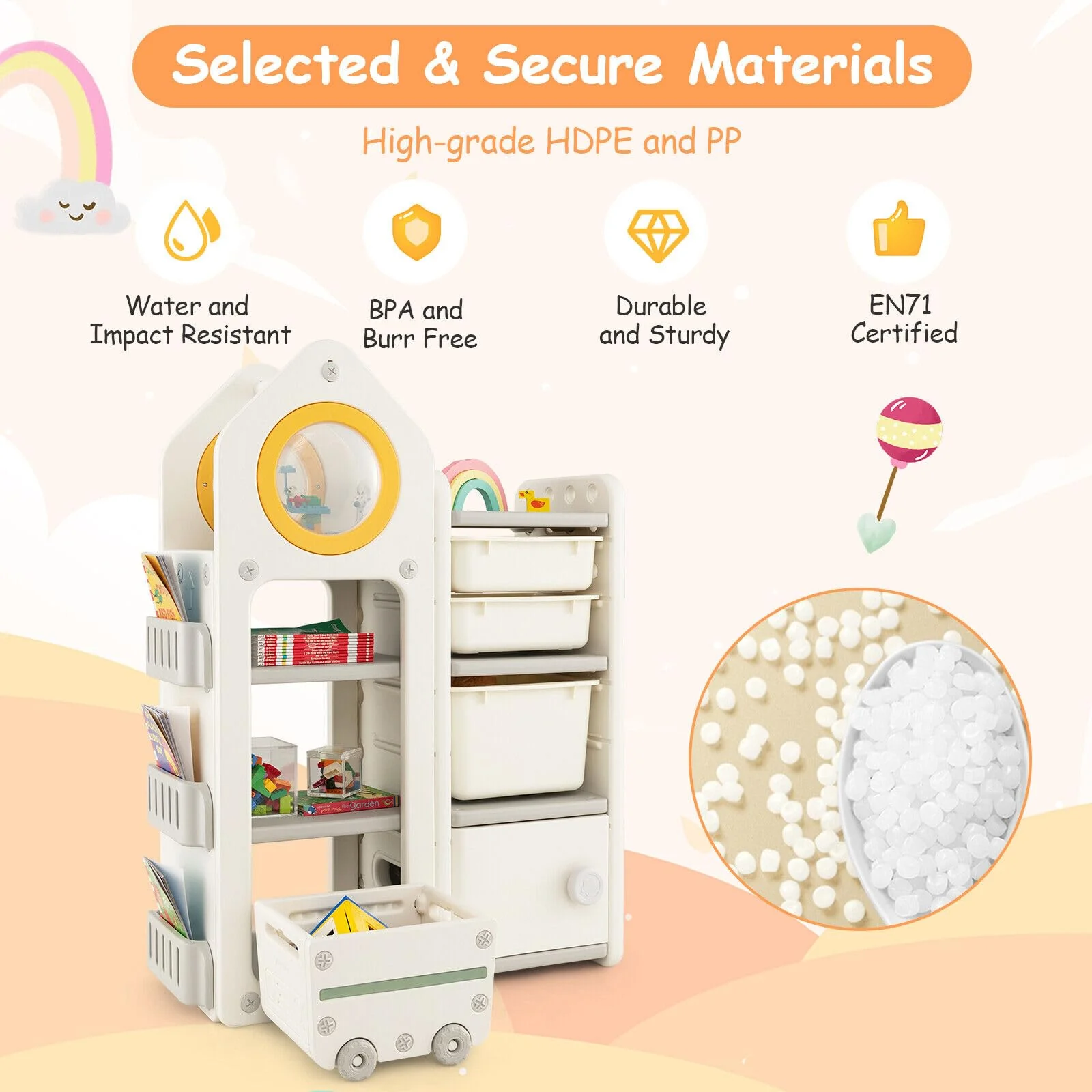 HONEY JOY Kids Toy Storage Organiser, Toy Chest and Bookshelf w/Mobile Trolley, Enclosed Cabinets & Storage Bins - Image 7