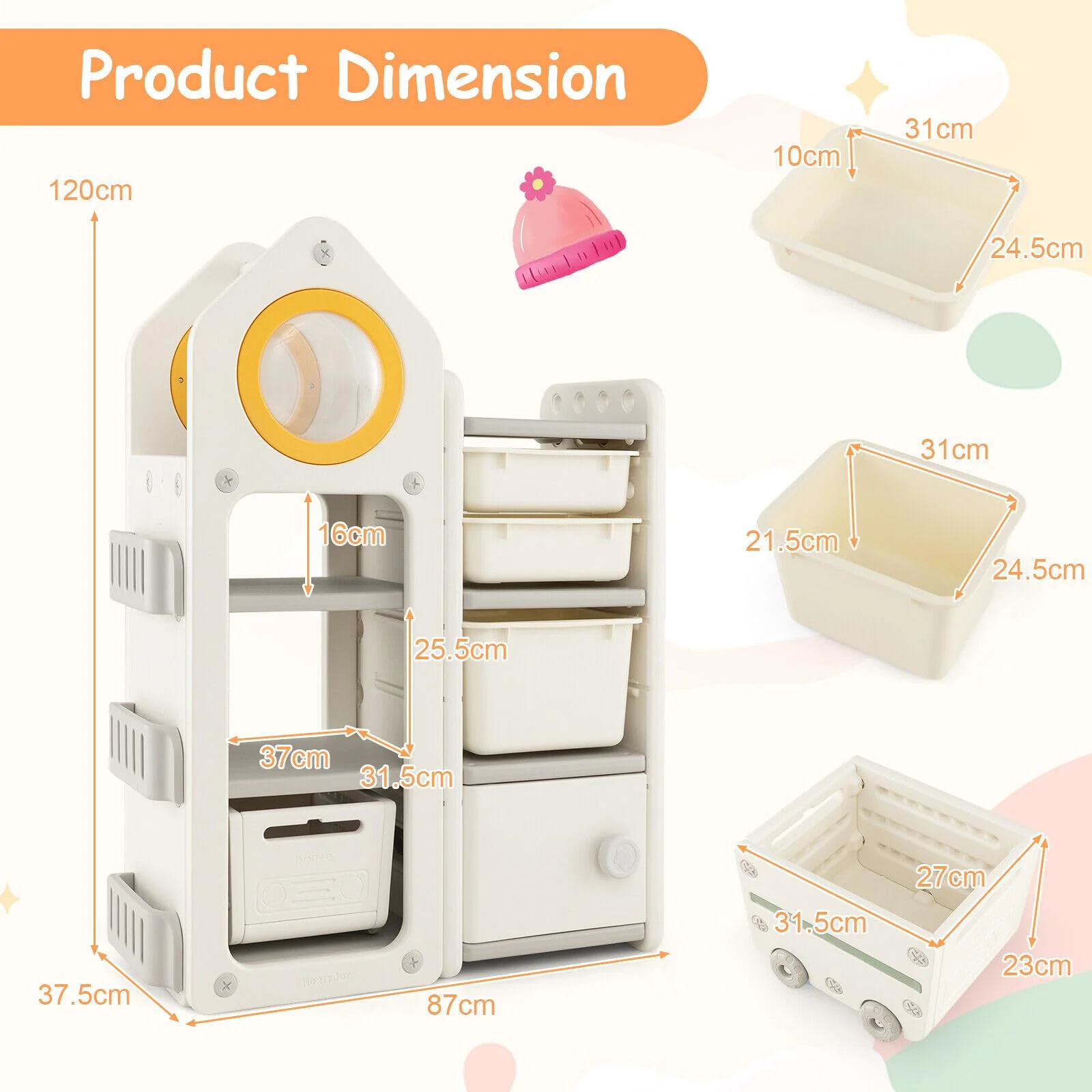 HONEY JOY Kids Toy Storage Organiser, Toy Chest and Bookshelf w/Mobile Trolley, Enclosed Cabinets & Storage Bins - Image 9