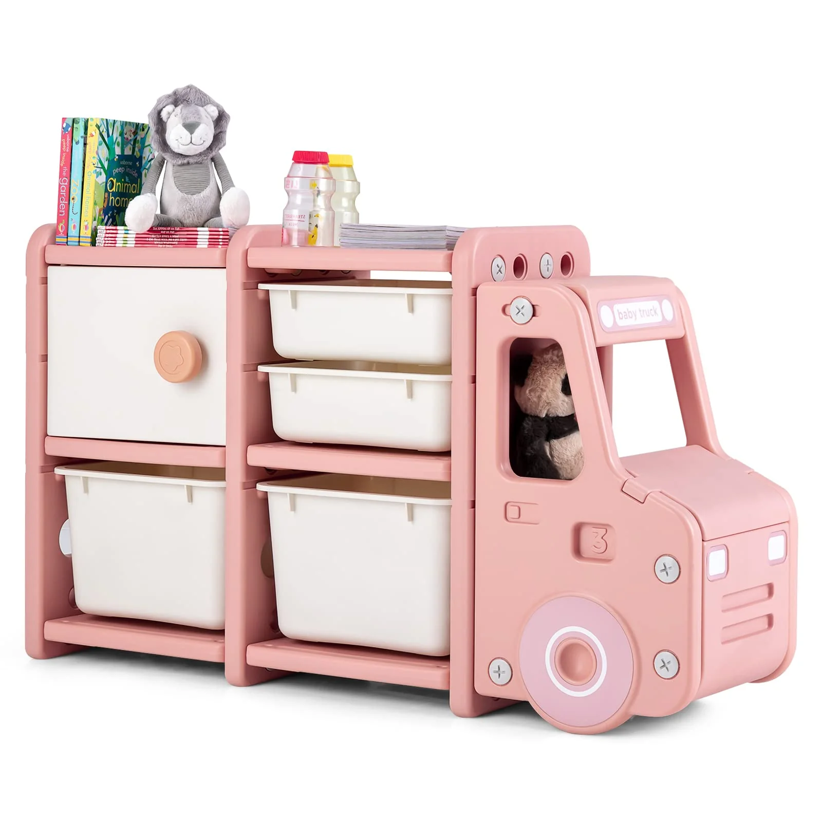 HONEY JOY Kids Toy Storage Organiser with 2 Large Bins, Pull-Out Drawers, Cabinet, Front Store Space - Image 10