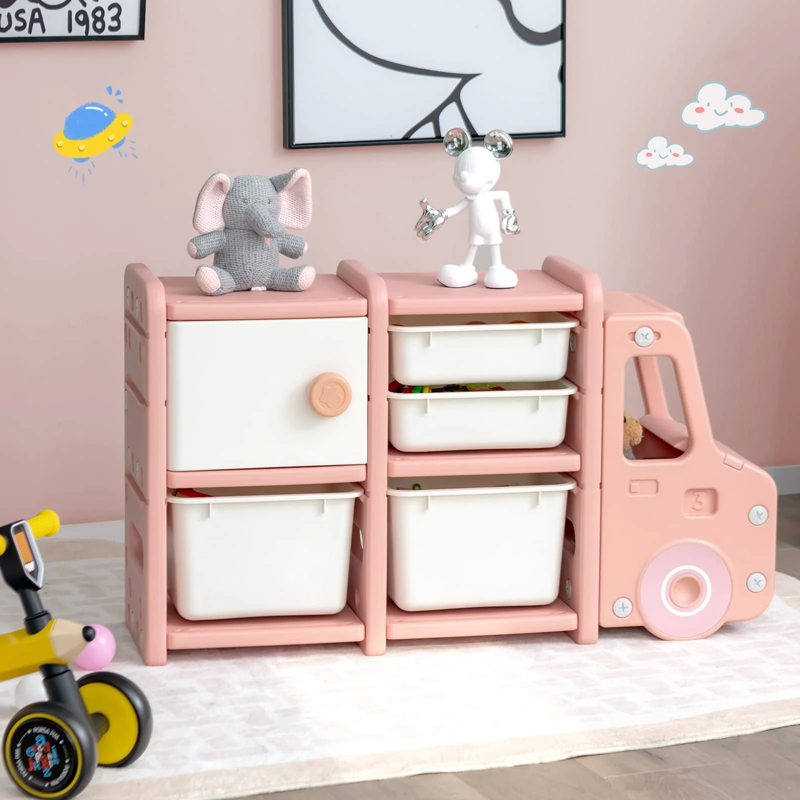 HONEY JOY Kids Toy Storage Organiser with 2 Large Bins, Pull-Out Drawers, Cabinet, Front Store Space - Image 11