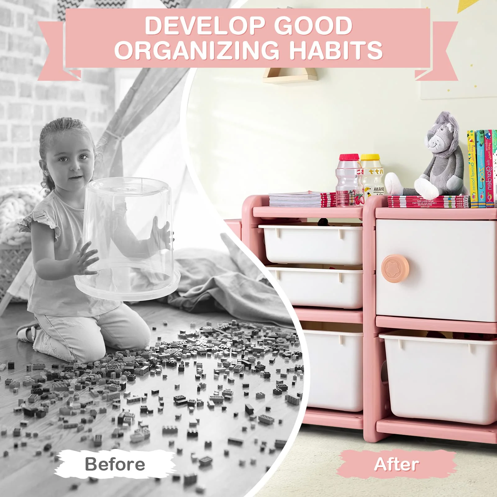 HONEY JOY Kids Toy Storage Organiser with 2 Large Bins, Pull-Out Drawers, Cabinet, Front Store Space - Image 12