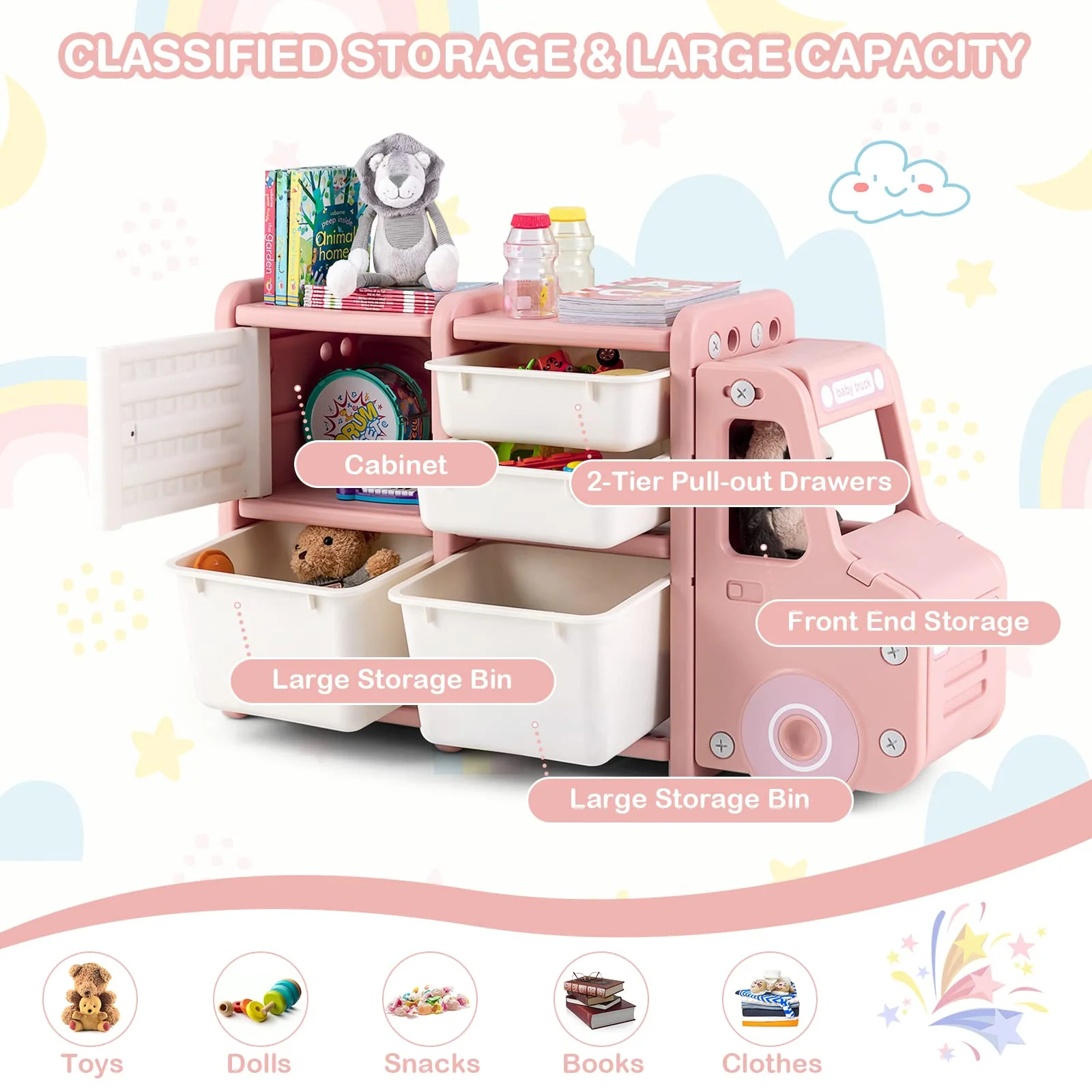 HONEY JOY Kids Toy Storage Organiser with 2 Large Bins, Pull-Out Drawers, Cabinet, Front Store Space - Image 13