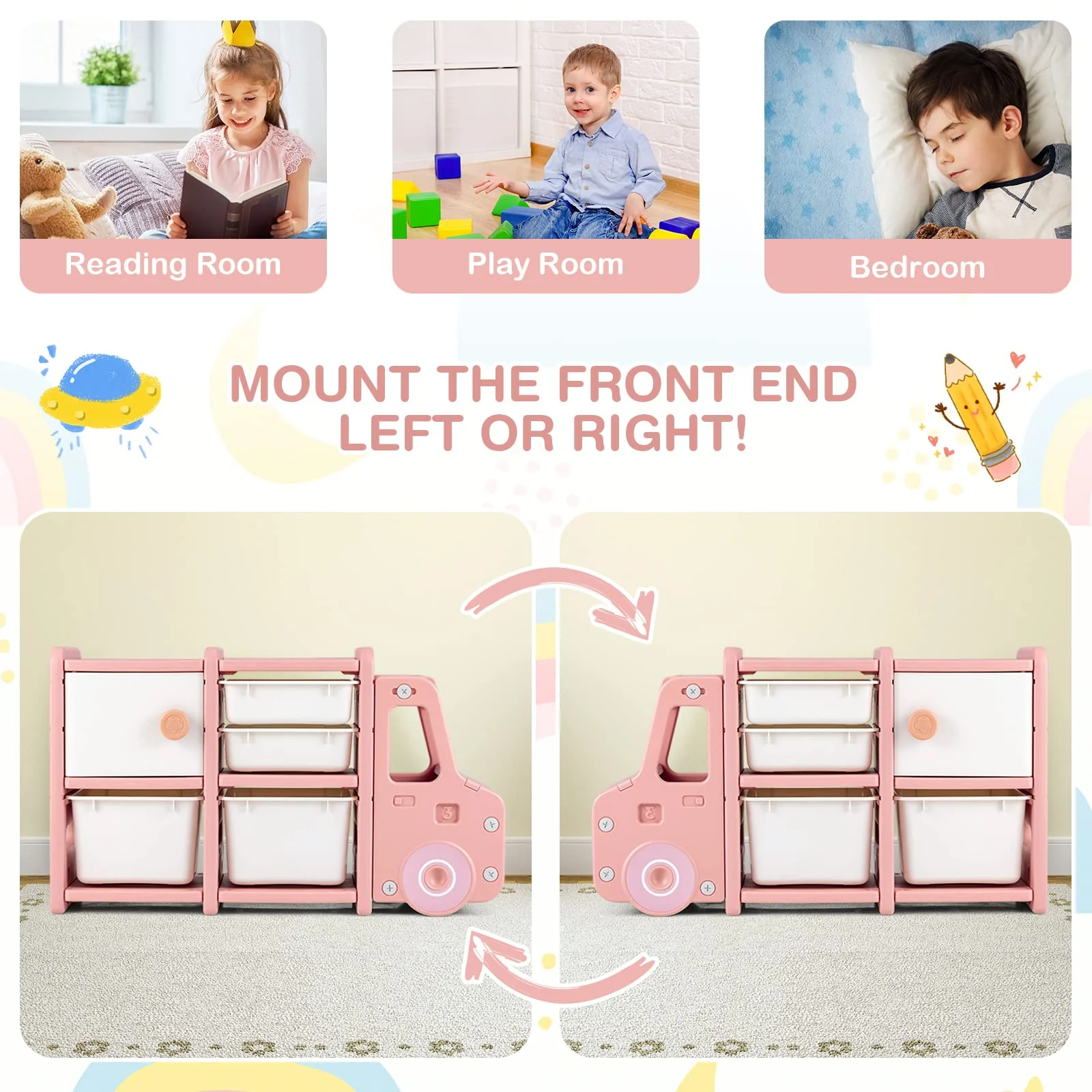 HONEY JOY Kids Toy Storage Organiser with 2 Large Bins, Pull-Out Drawers, Cabinet, Front Store Space - Image 14