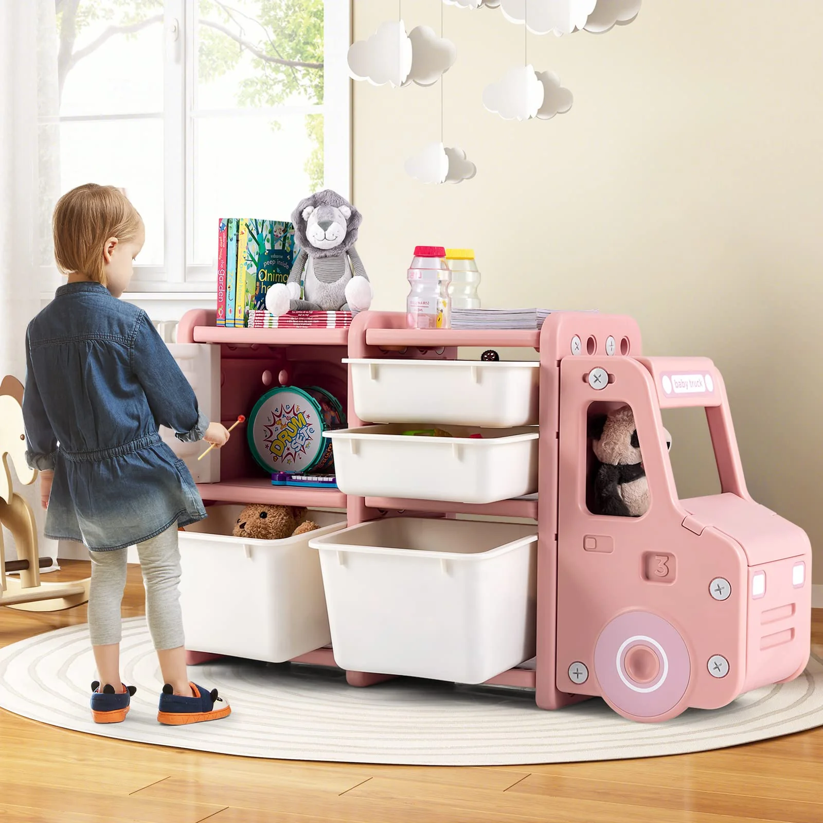 HONEY JOY Kids Toy Storage Organiser with 2 Large Bins, Pull-Out Drawers, Cabinet, Front Store Space - Image 15