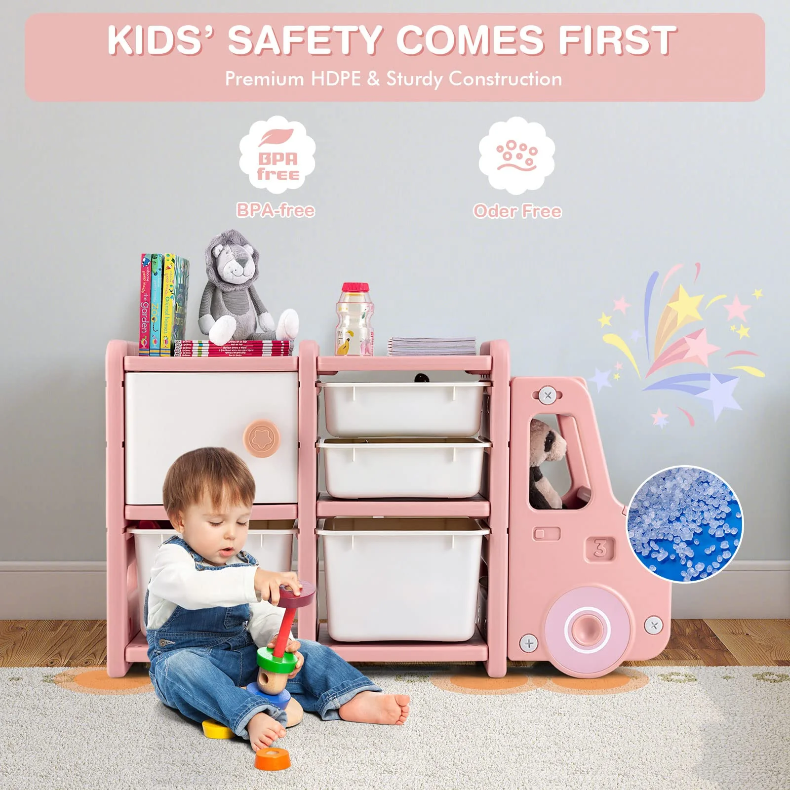 HONEY JOY Kids Toy Storage Organiser with 2 Large Bins, Pull-Out Drawers, Cabinet, Front Store Space - Image 16