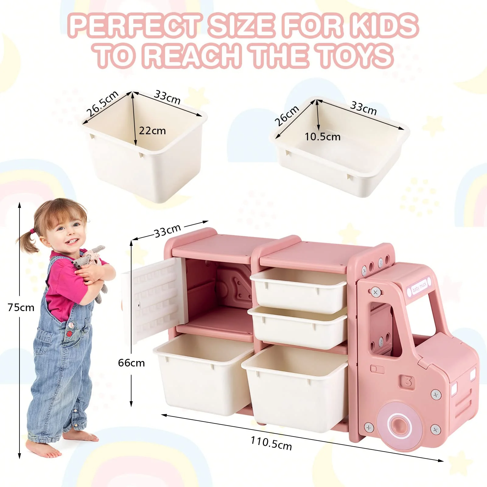 HONEY JOY Kids Toy Storage Organiser with 2 Large Bins, Pull-Out Drawers, Cabinet, Front Store Space - Image 17