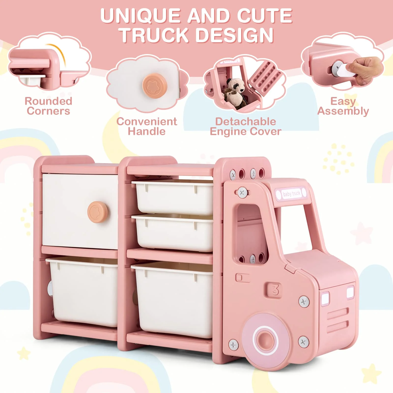 HONEY JOY Kids Toy Storage Organiser with 2 Large Bins, Pull-Out Drawers, Cabinet, Front Store Space - Image 18