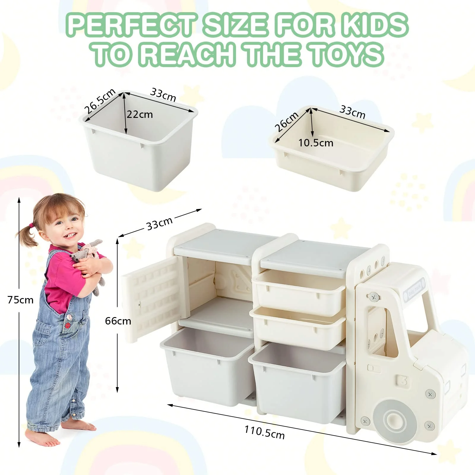 HONEY JOY Kids Toy Storage Organiser with 2 Large Bins, Pull-Out Drawers, Cabinet, Front Store Space - Image 3