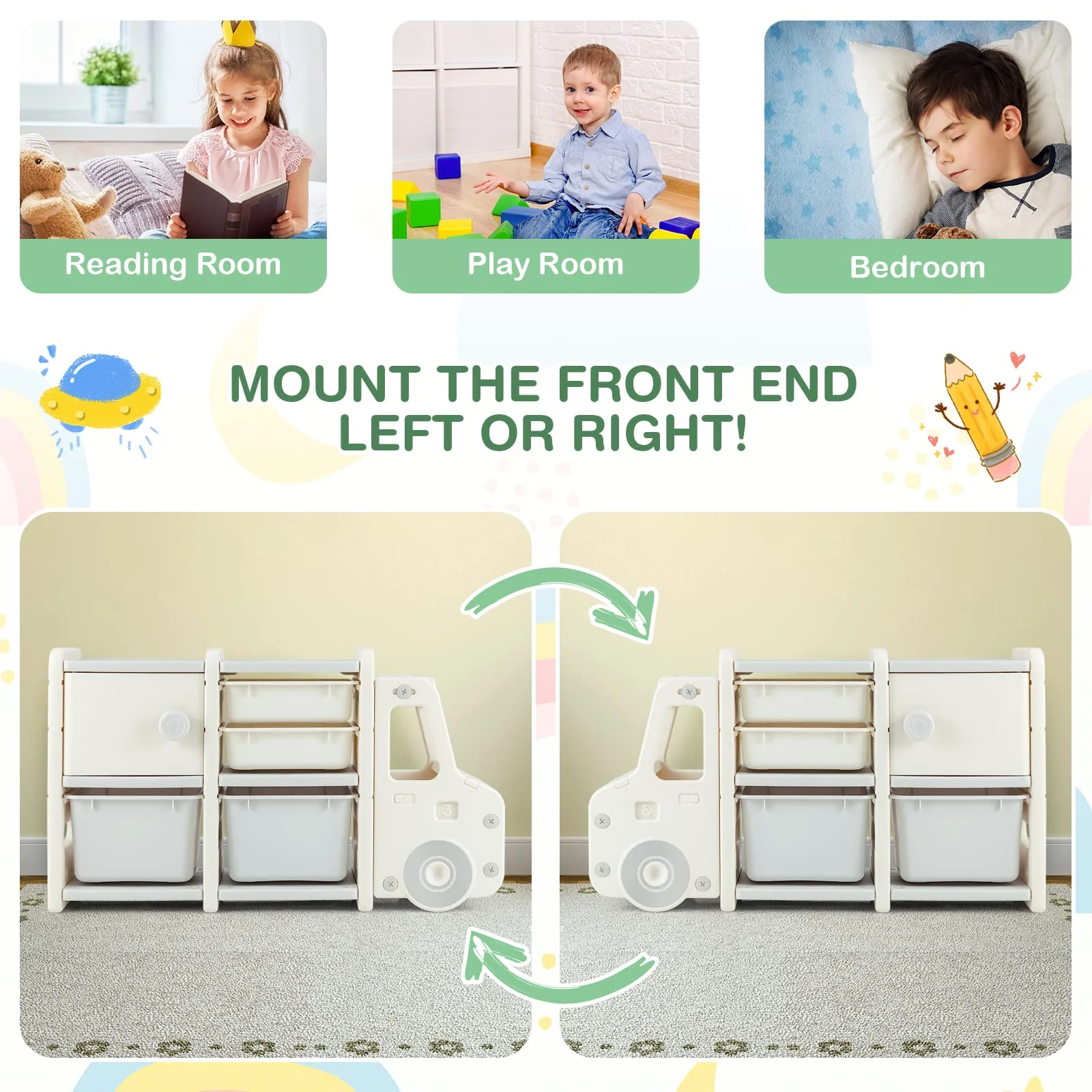 HONEY JOY Kids Toy Storage Organiser with 2 Large Bins, Pull-Out Drawers, Cabinet, Front Store Space - Image 4