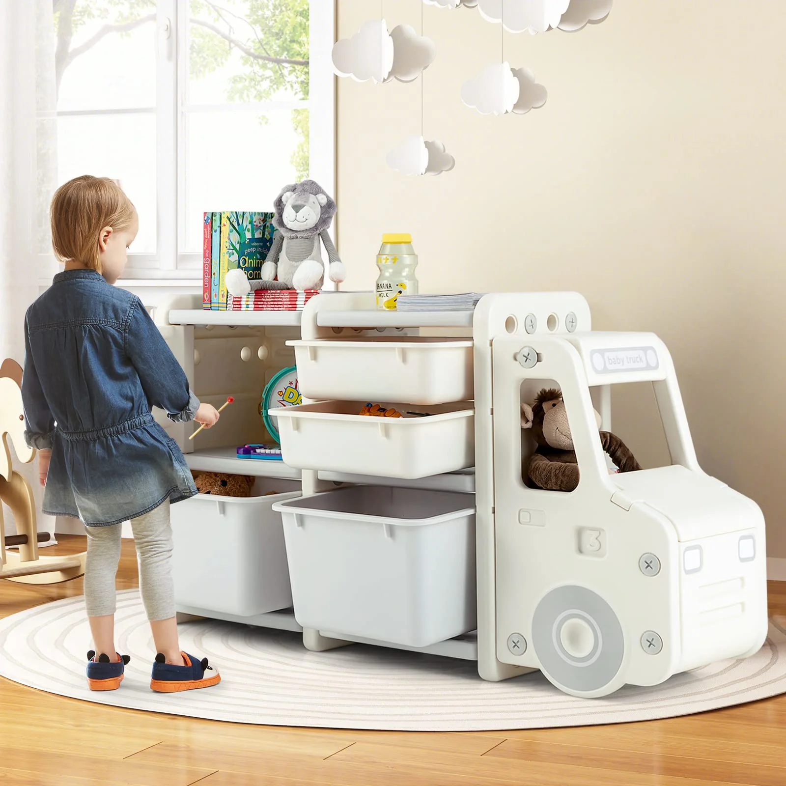 HONEY JOY Kids Toy Storage Organiser with 2 Large Bins, Pull-Out Drawers, Cabinet, Front Store Space - Image 5