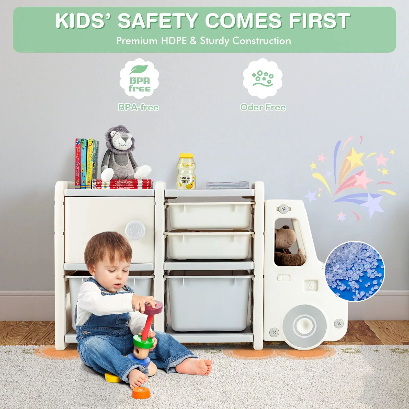 HONEY JOY Kids Toy Storage Organiser with 2 Large Bins, Pull-Out Drawers, Cabinet, Front Store Space - Image 6