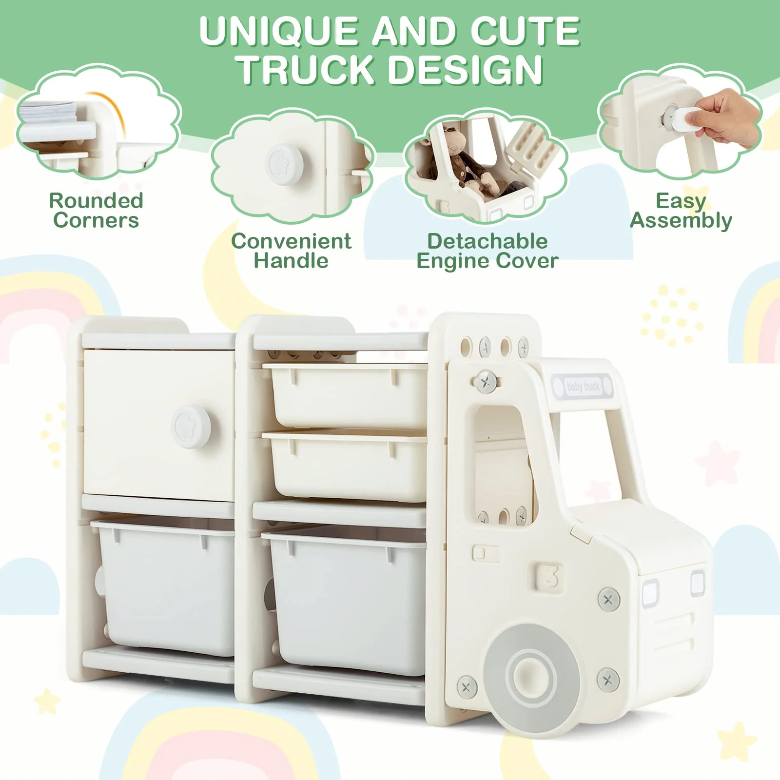 HONEY JOY Kids Toy Storage Organiser with 2 Large Bins, Pull-Out Drawers, Cabinet, Front Store Space - Image 7