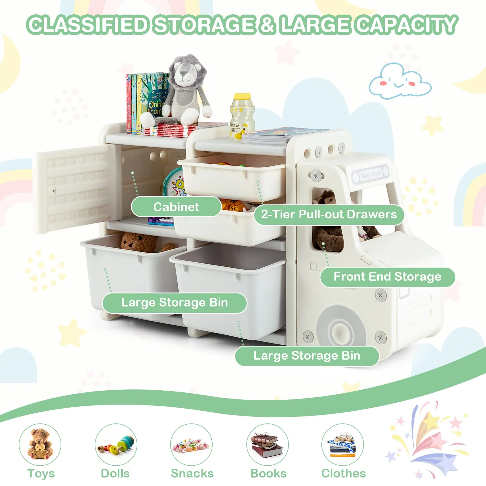 HONEY JOY Kids Toy Storage Organiser with 2 Large Bins, Pull-Out Drawers, Cabinet, Front Store Space - Image 9