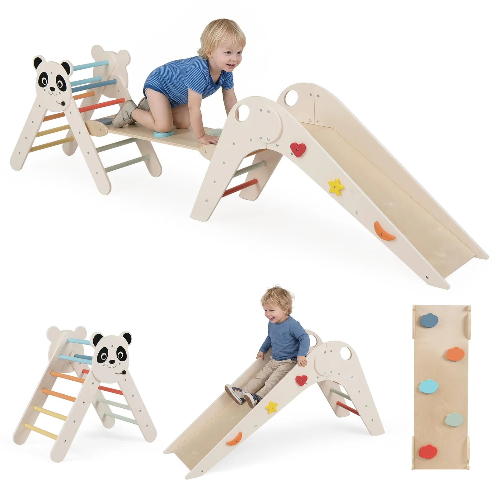 HONEY JOY Kids Triangle Climbing Set, Foldable Panda-Themed Wood Montessori Climbing Set