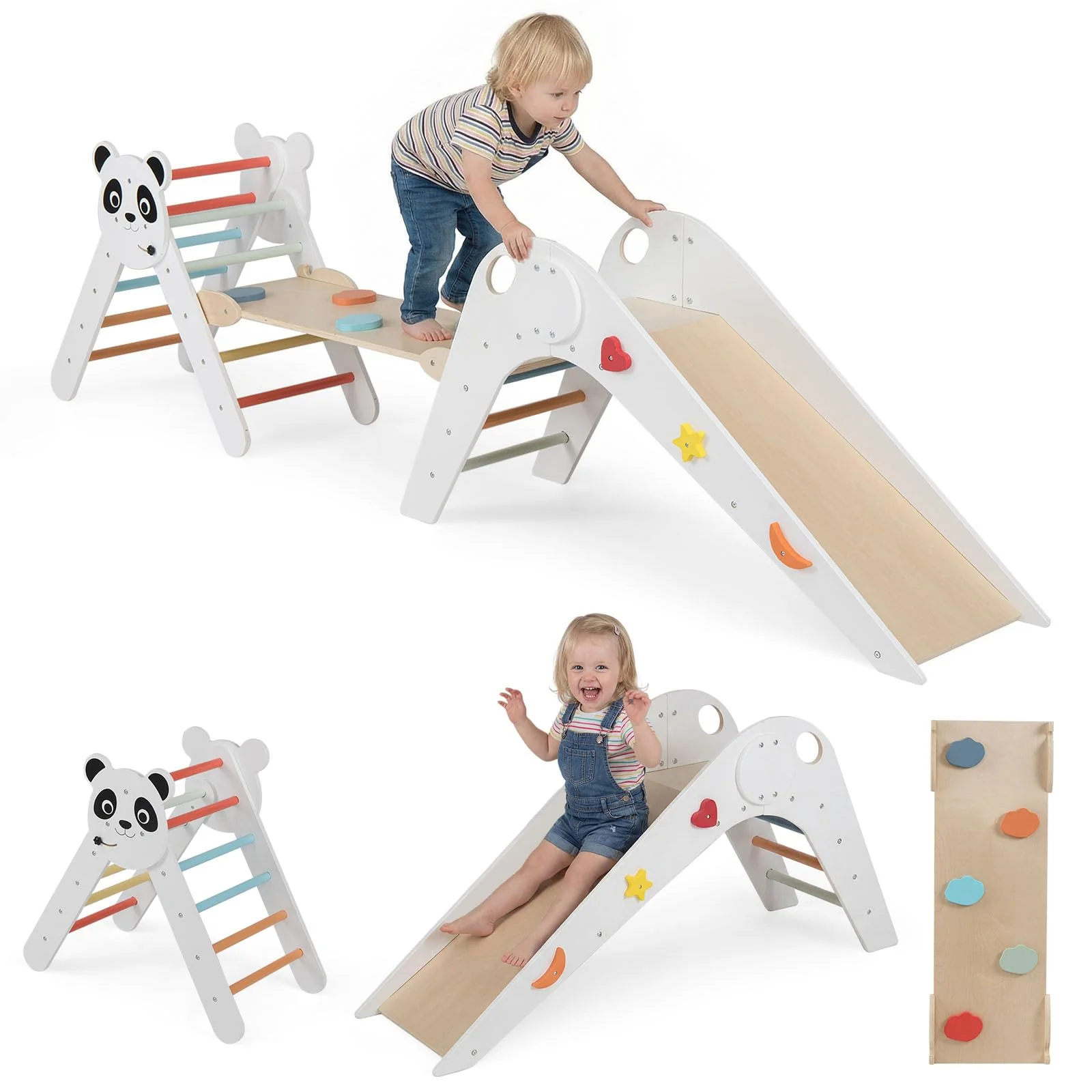 HONEY JOY Kids Triangle Climbing Set, Foldable Panda-Themed Wood Montessori Climbing Set - Image 11