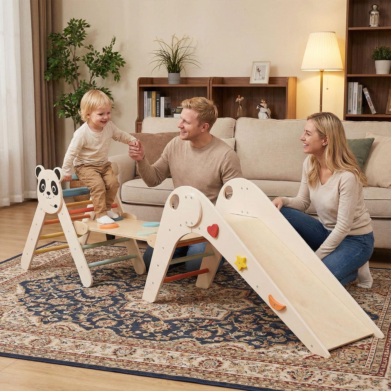HONEY JOY Kids Triangle Climbing Set, Foldable Panda-Themed Wood Montessori Climbing Set - Image 2
