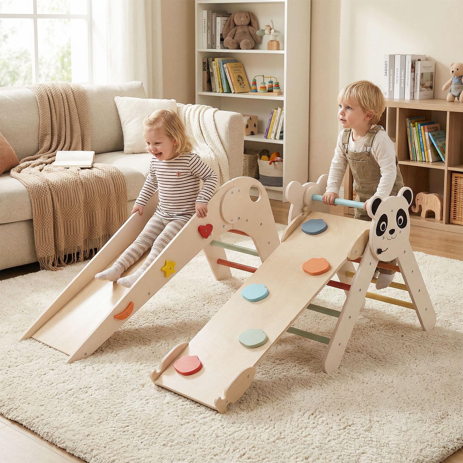 HONEY JOY Kids Triangle Climbing Set, Foldable Panda-Themed Wood Montessori Climbing Set - Image 3