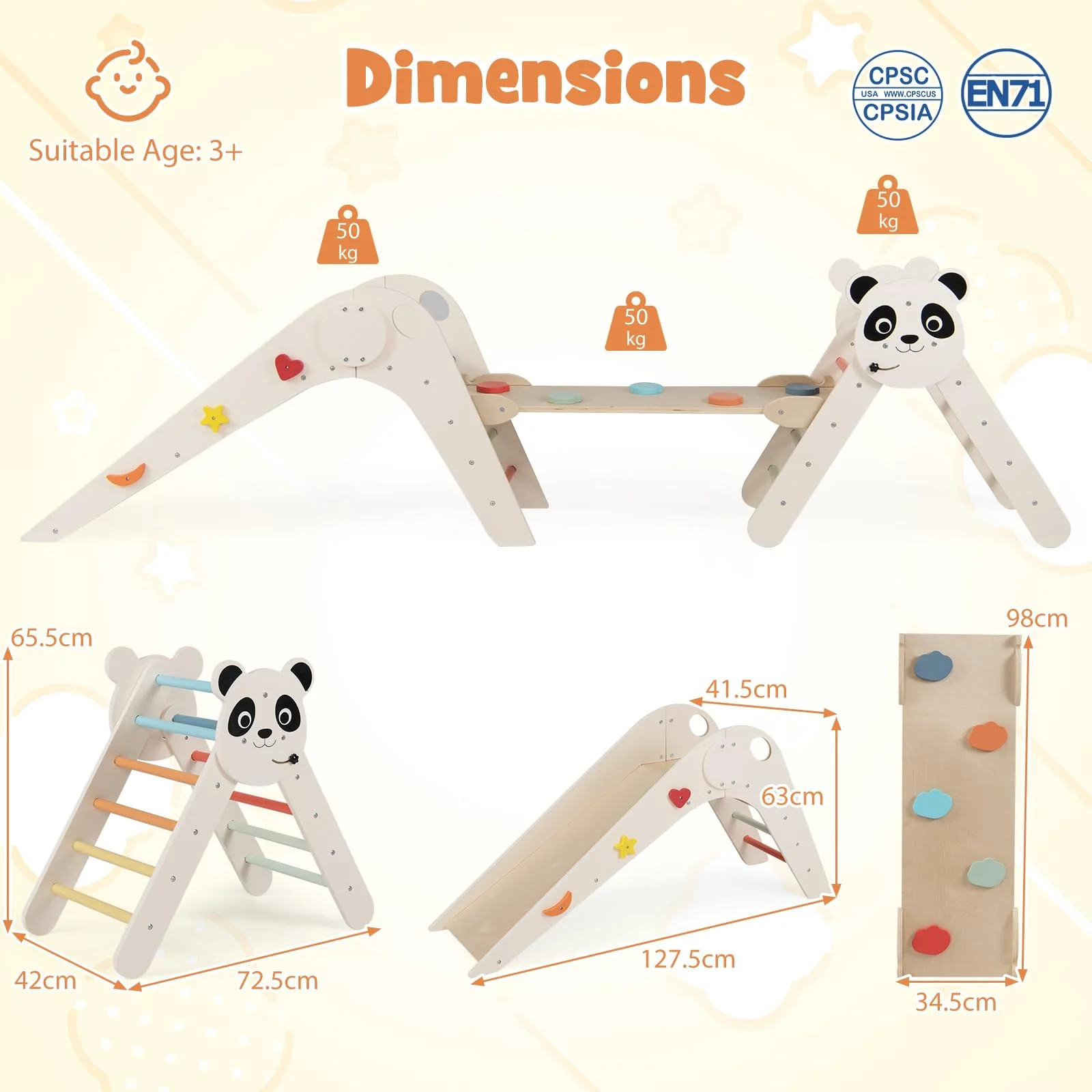 HONEY JOY Kids Triangle Climbing Set, Foldable Panda-Themed Wood Montessori Climbing Set - Image 4