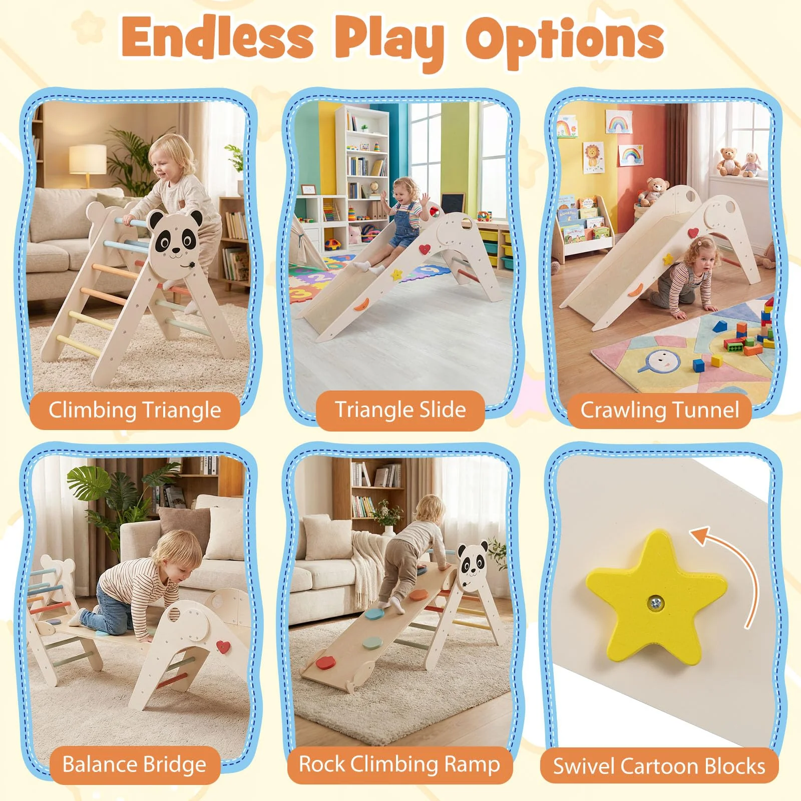 HONEY JOY Kids Triangle Climbing Set, Foldable Panda-Themed Wood Montessori Climbing Set - Image 5