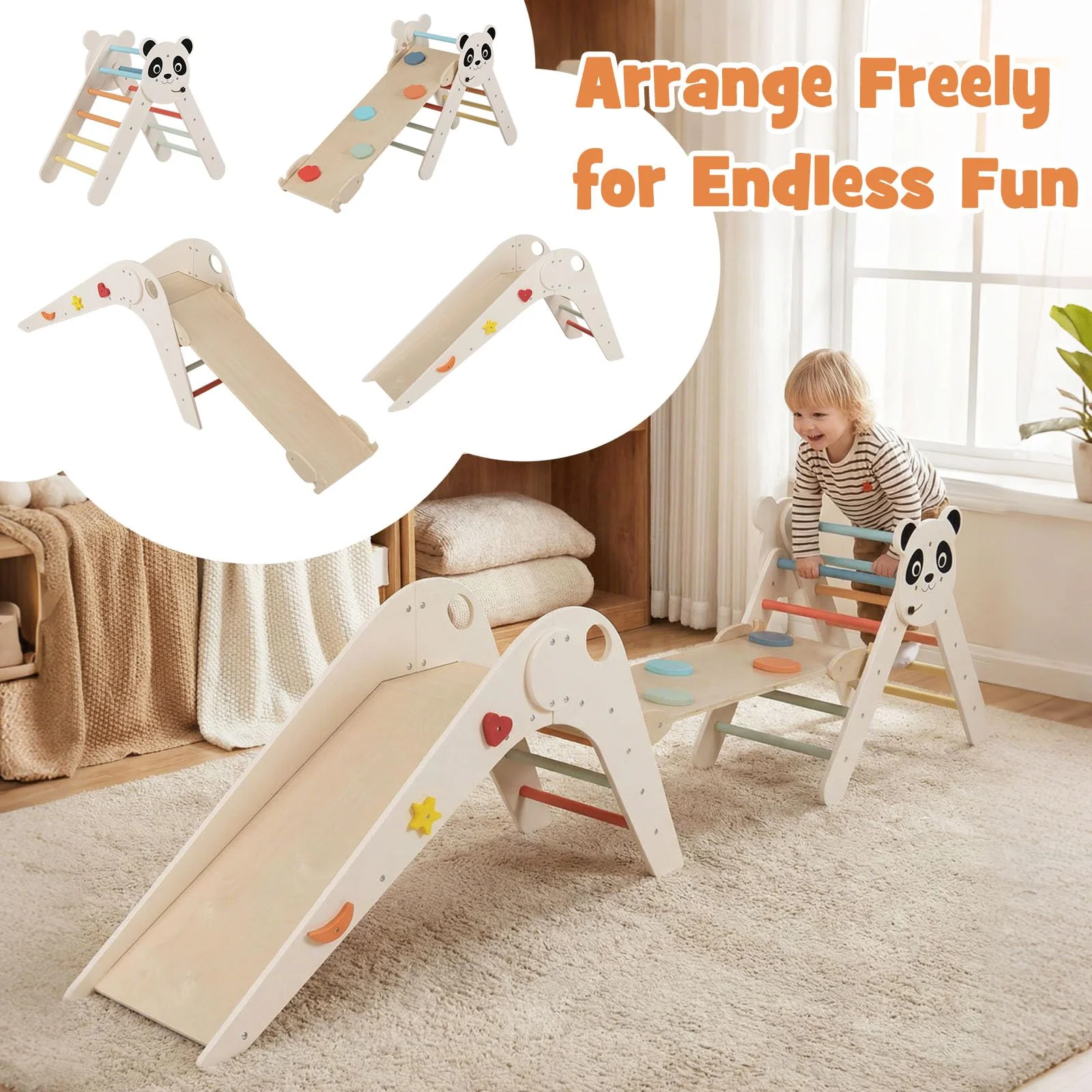 HONEY JOY Kids Triangle Climbing Set, Foldable Panda-Themed Wood Montessori Climbing Set - Image 6