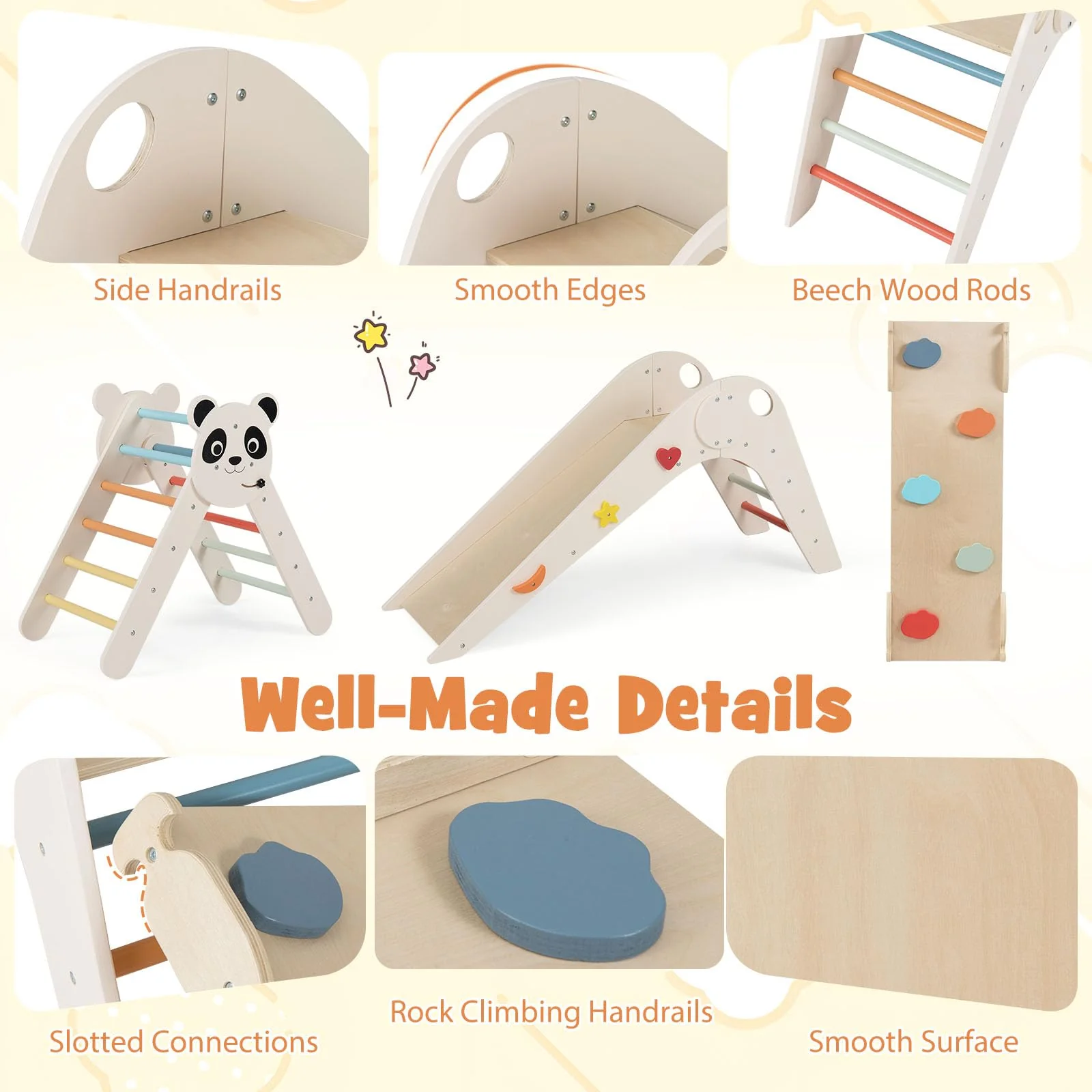 HONEY JOY Kids Triangle Climbing Set, Foldable Panda-Themed Wood Montessori Climbing Set - Image 7