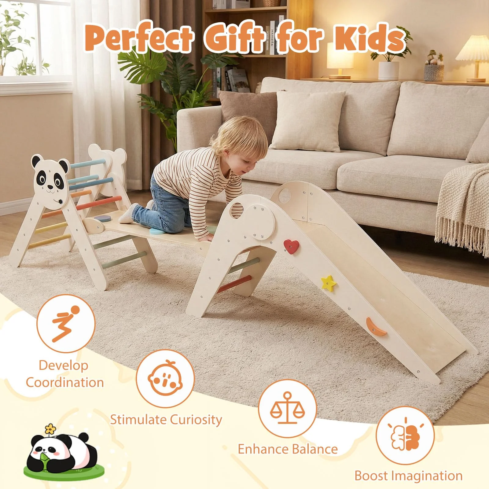 HONEY JOY Kids Triangle Climbing Set, Foldable Panda-Themed Wood Montessori Climbing Set - Image 9