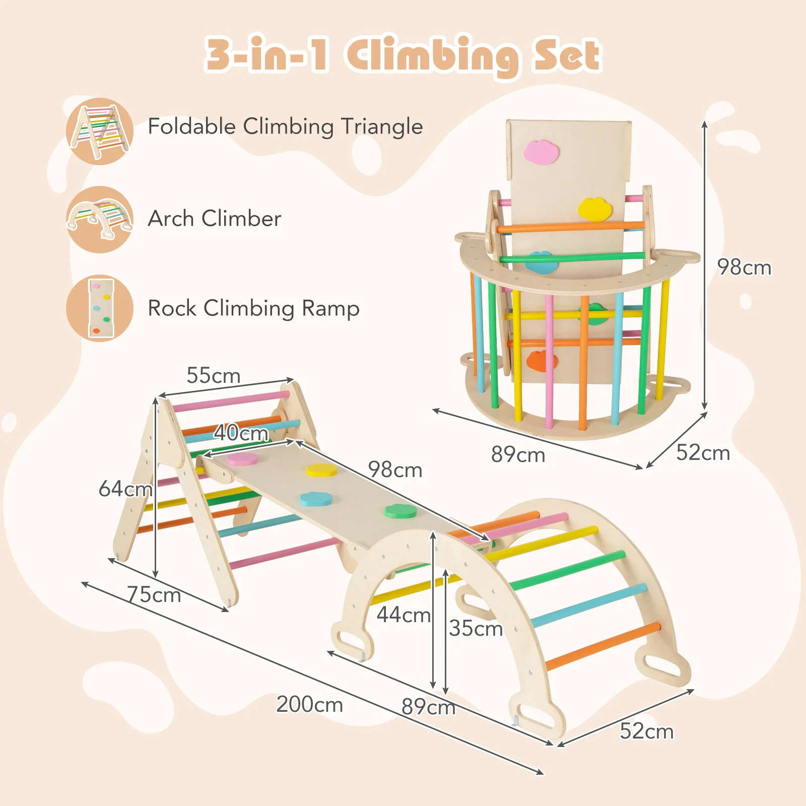 7-in-1 Triangular Set of 3, Baby Climbing Toys w/ Triangular Climber Arch Ramp Rocker - Image 10